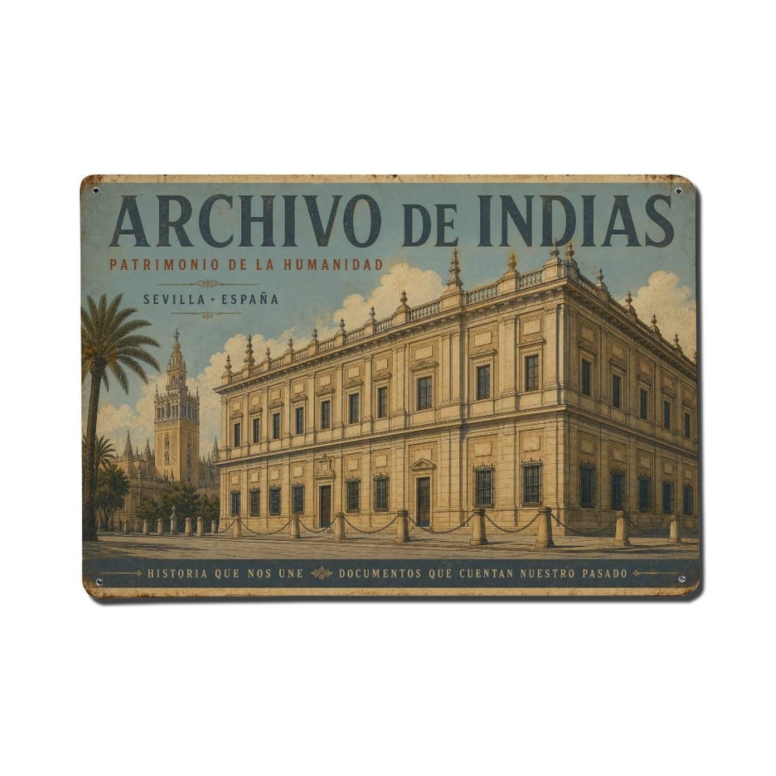 Vintage Travel Archivo Indias Seville Renaissance Building Metal Tin Sign