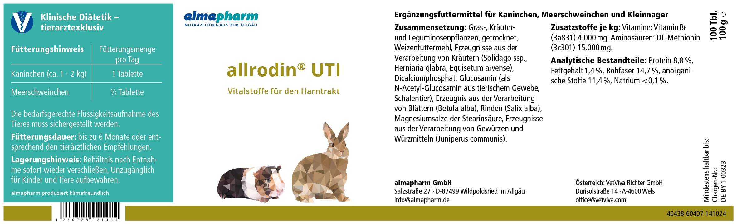 almapharm allrodin UTI | Doppelpack | 2 x 100 Tabletten | Ergänzungsfuttermittel für Kaninchen und Meerschweinchen | Zur Unterstützung der Harnwege | Vitalstoffe für den Harntrakt