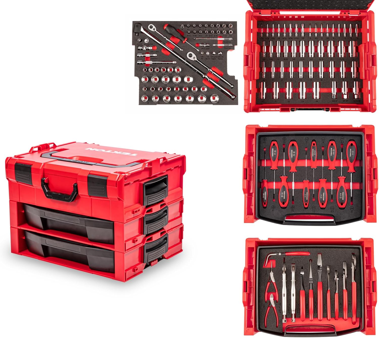 TEKTON 1/4, 3/8 Inch Drive Shallow and Deep 6-Point Socket and Ratchet, Screwdriver, and Pliers Set in Modular Stacking Tool Box, 2-Drawer (127-Piece) | OLB99004