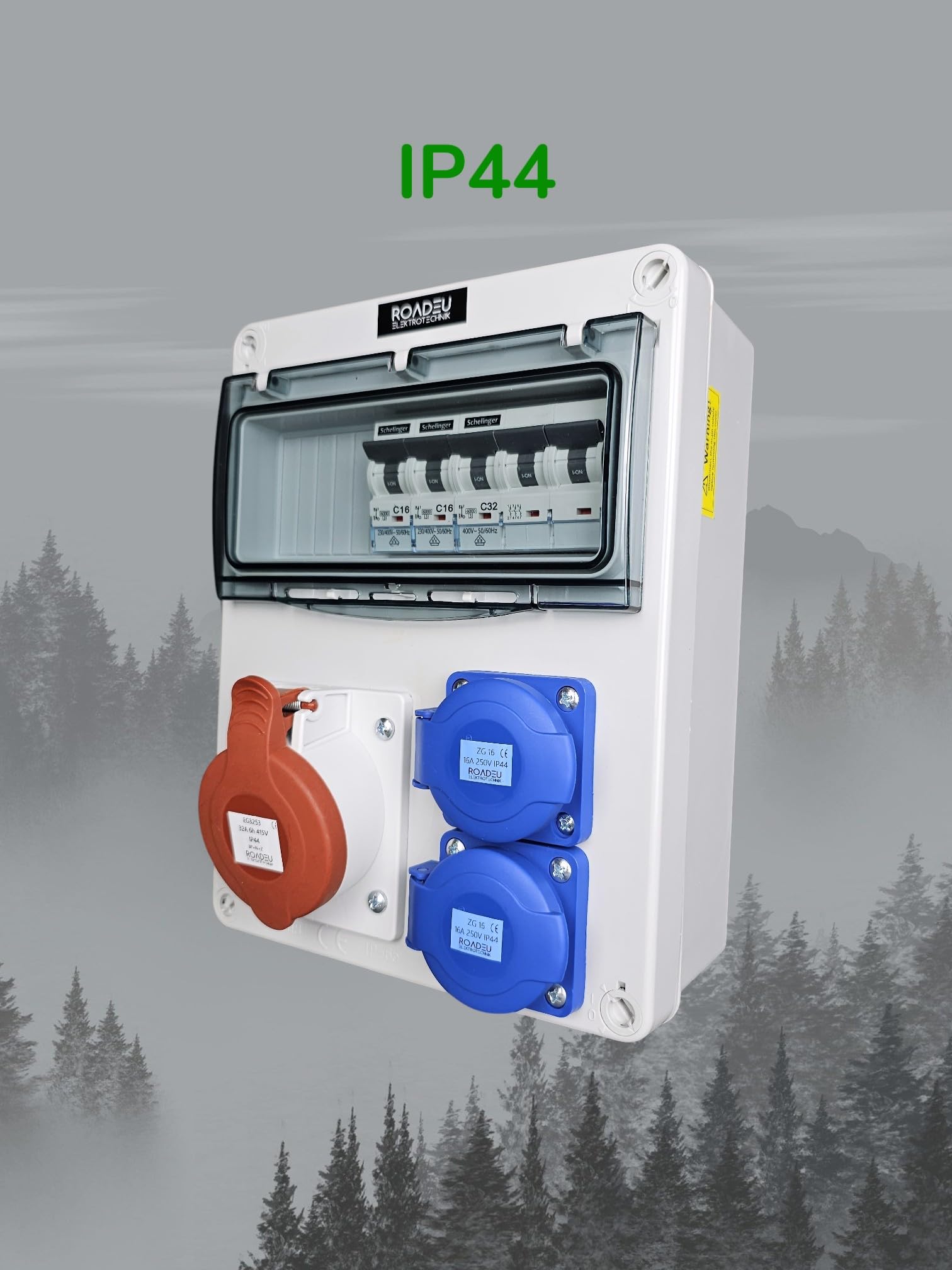 RoadEu Cuadro CEE 400V IP44 con CEE 32A y 2 tomas Schuko | Magnetotérmicos C32A 3P y C16A 1P VDE, cableado 6 mm² / 2,5 mm², precableado