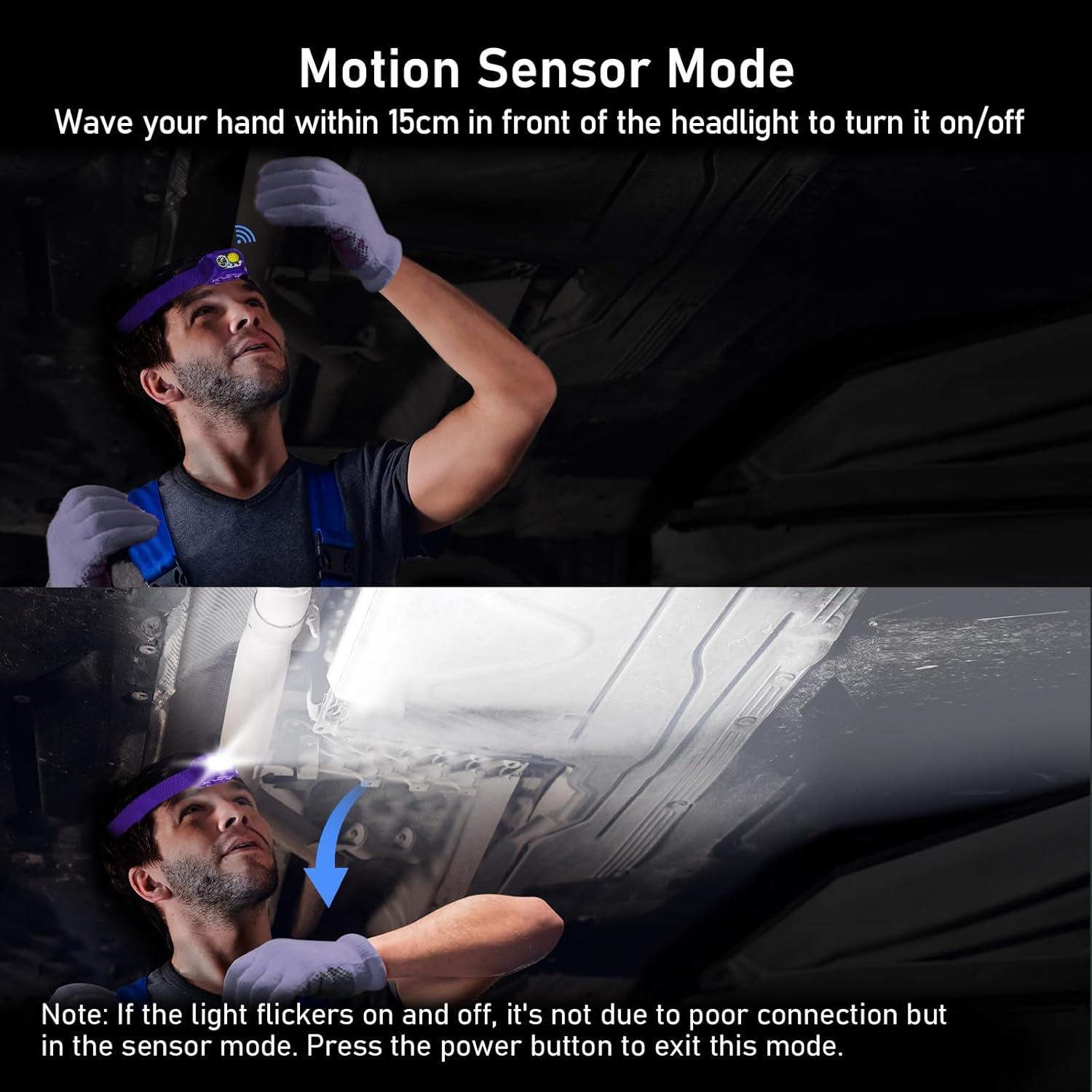 User demonstrating motion sensor mode by waving hand in front of Blukar Headlamp