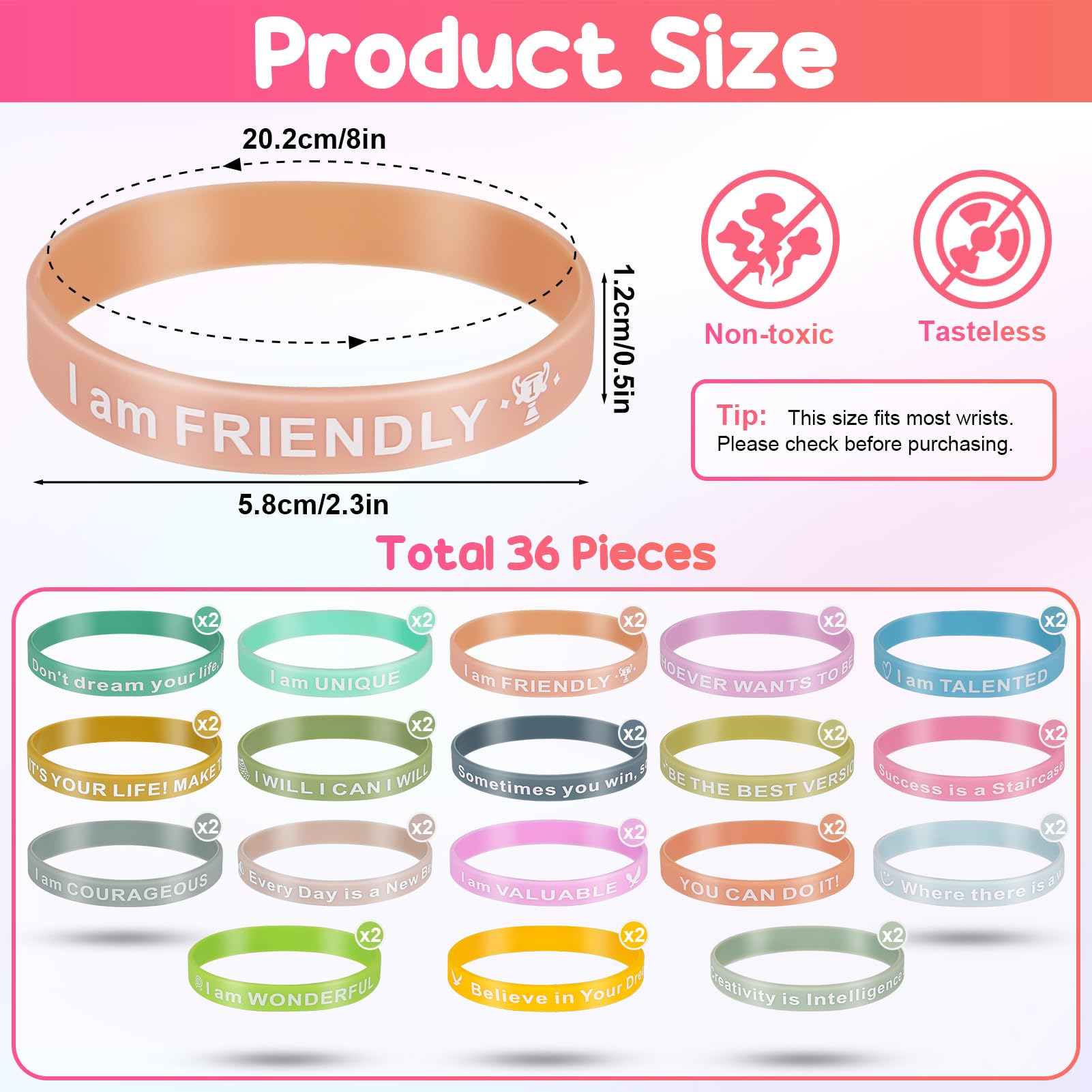 Bracelet en Silicone de Motivation 36 Pièces 20,2cm Couleurs avec Messages Positifs
