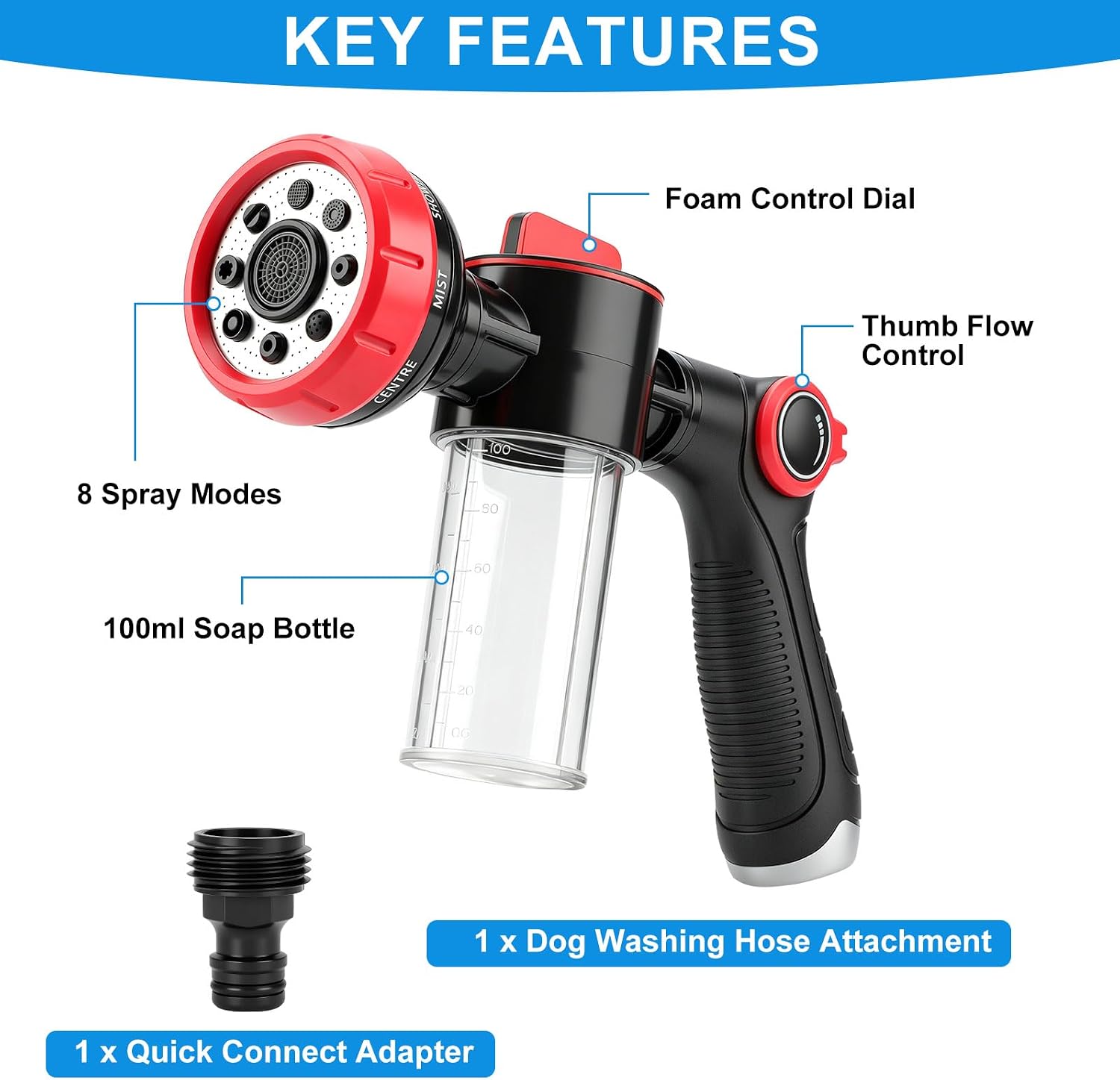 Dog Washing Hose Attachment with Soap Dispenser, 8-Way Garden Hose Dog Wash Sprayer Nozzle, Heavy Duty Pet Bathing Tool with Adjustable Foam Control & Quick Connect Adapter for Dogs, Cars, and Plants