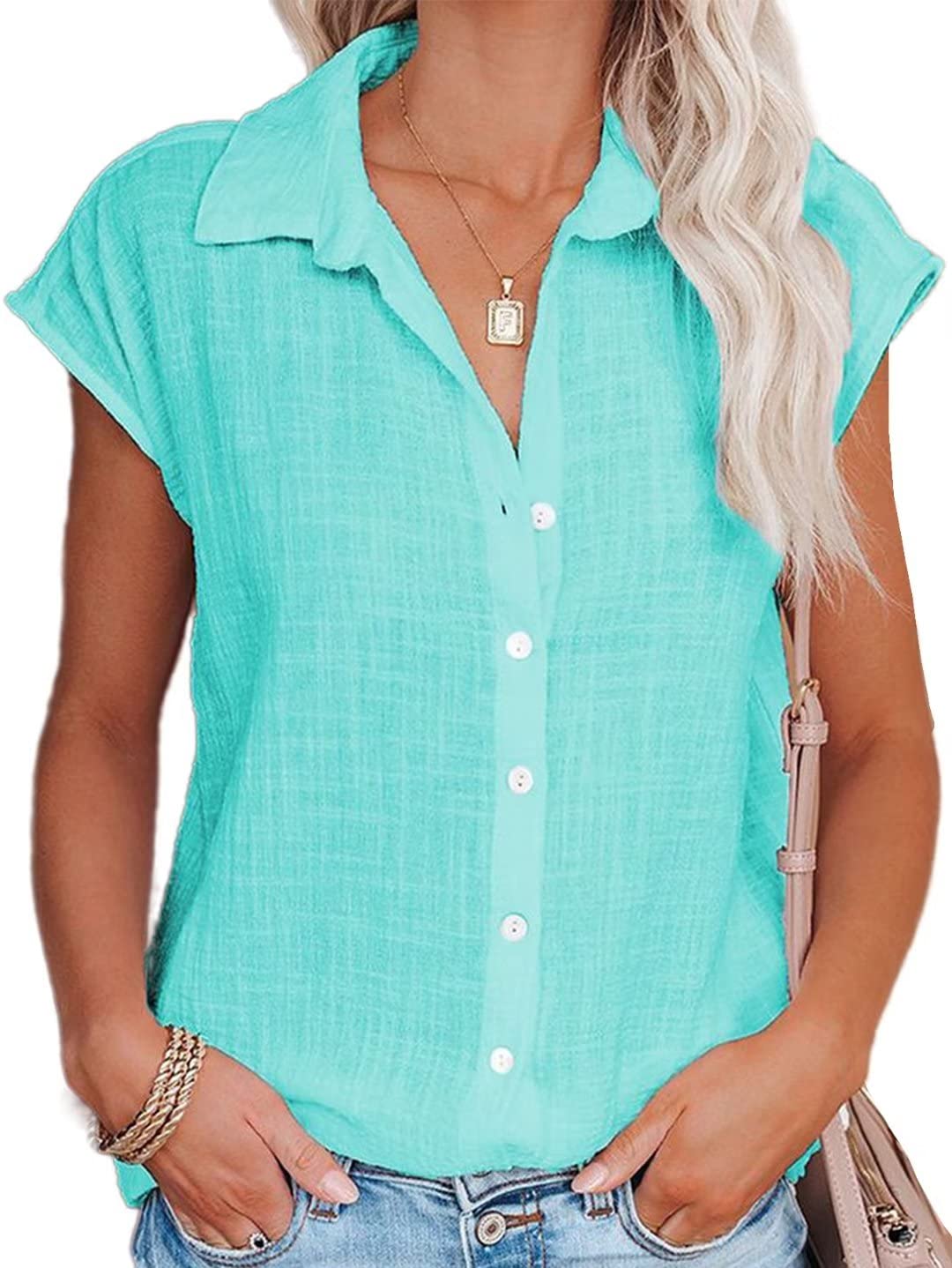 FlamingalsWomen's V Neck Solid Button Down Curved Hem Shirt Summer Blouses Tops