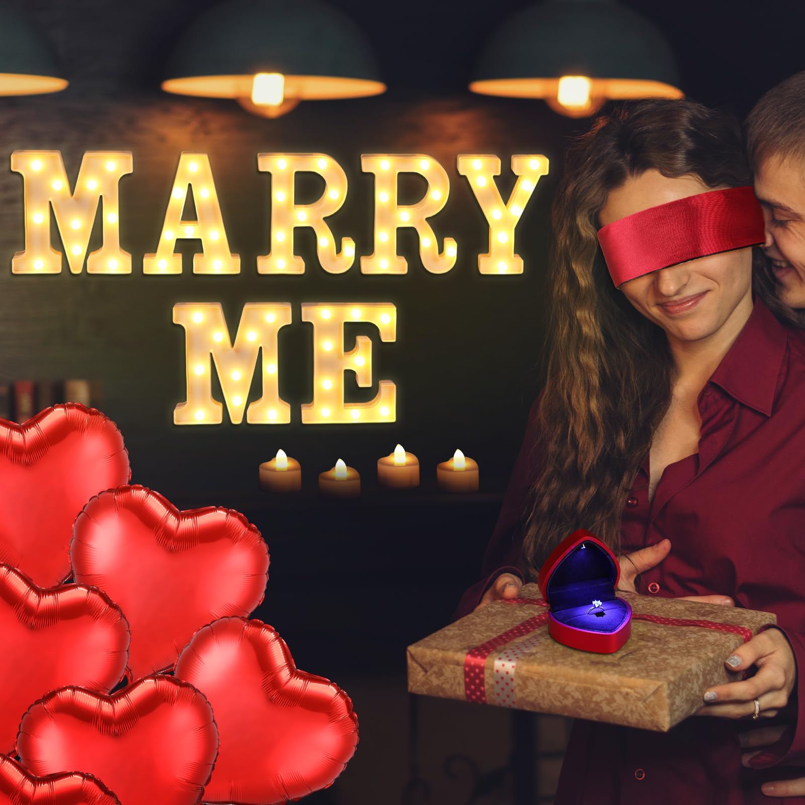 Aurelema Zestaw dekoracji oświadczyn Marry Me Light up Letters 6000 płatków róży, 72 romantyczne świece w kształcie serca, 10 balonów, dywan, czerwona wstążka, 1 pudełko na pierścionki, maska na oczy
