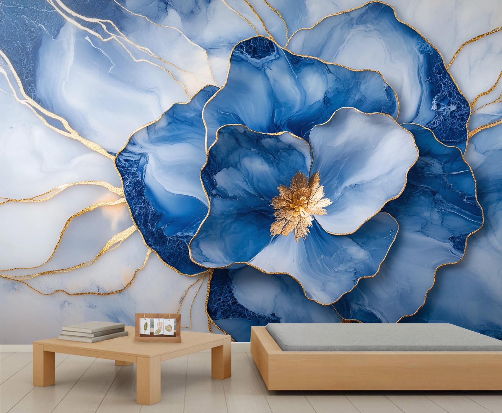 Floral Mural Wallpaper 250x175cm Blue Gold Flower Wall Mural Aesthetic Bedroom Wallpaper Floral Marble Wall Decor (Not Peel n' Stick)