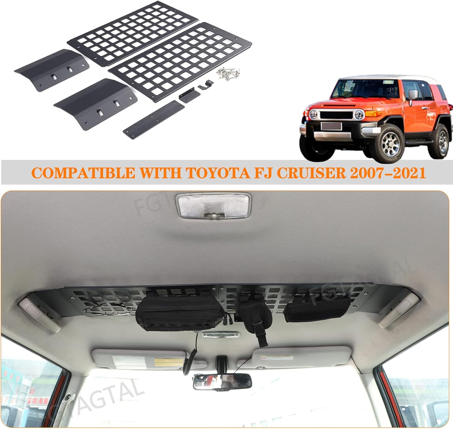Inner Roof MOLLE Panel Bracket Compatible with Toyot@ FJ Cruiser 2007-2021, Overhead MOLLE Panel Storage, Front Roof Hanging Bag Rack Holder (Front)