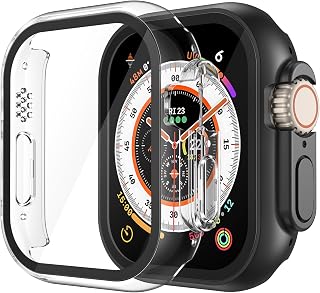Misxi 2 Pack PC Case Built-in Tempered Glass Screen Protector Compatible with 49mm Apple Watch Ultra 3 (2025) / Ultra 2 / Ultra, Shockproof Protective Cover with Button for iWatch, 1 Black + 1 Transparent