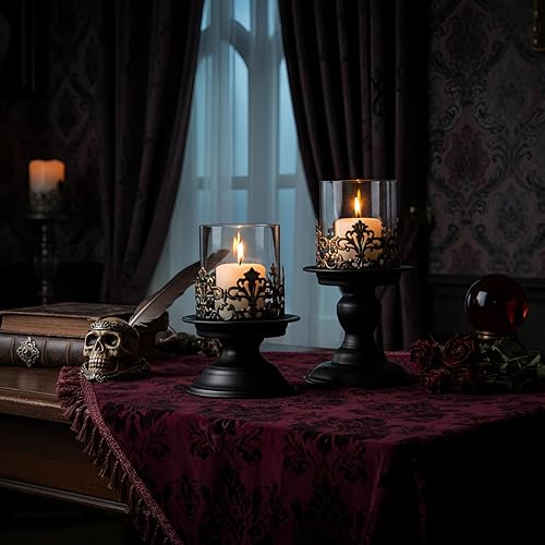 Miniatura 6 de Portavelas góticos de huracán, metal negro con funda de vidrio, juego de 2 soportes decorativos para velas, 5.9 y 7.9 pulgadas de altura, 4 pulgadas
