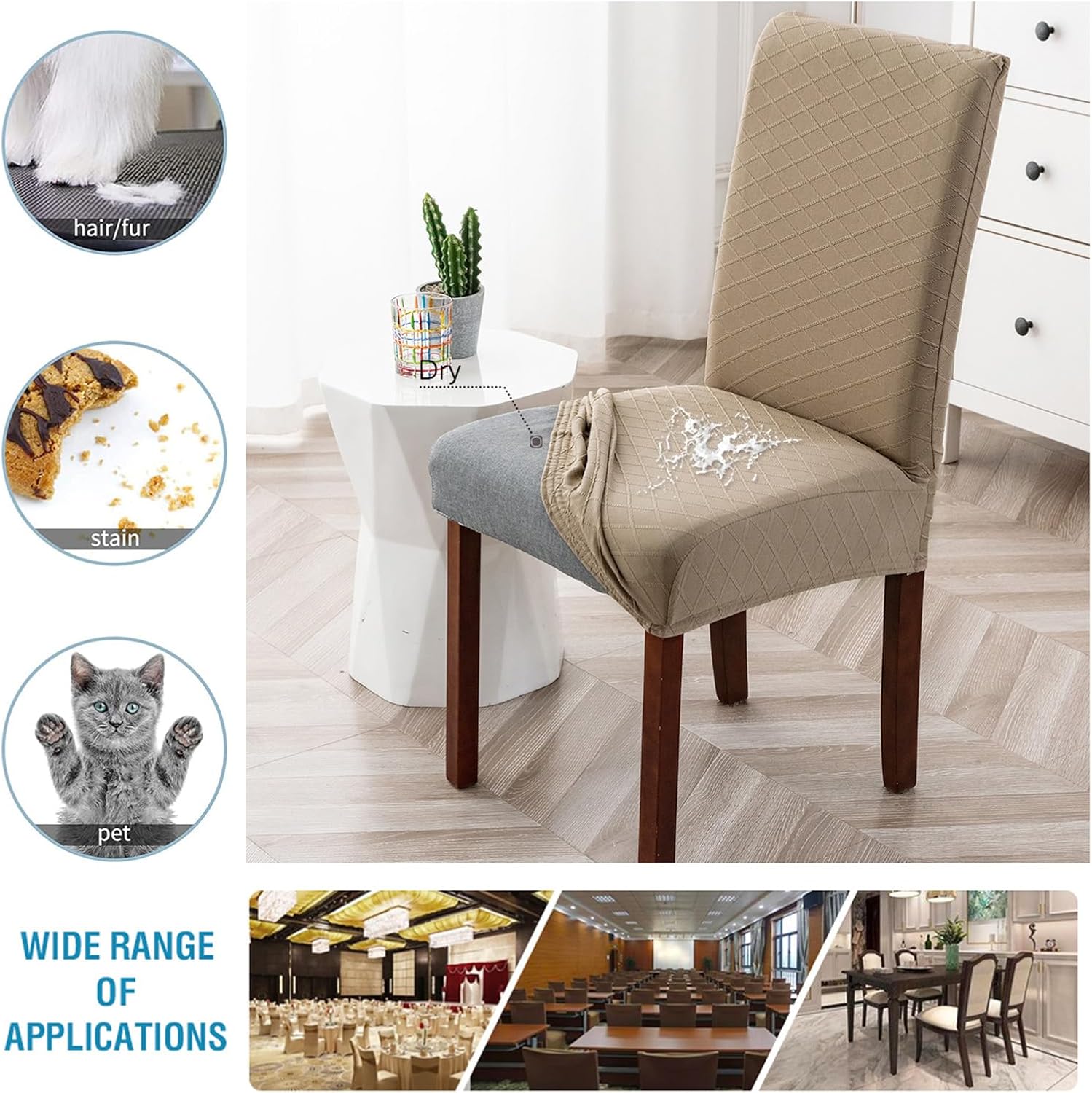 Dining Chair Covers, Stretch Chair Covers, Washable Dining Chair Cover Protector, for Kitchen, Dining Room, Wedding Decor, Hotel, Restaurant (Khaki,Set of 6)