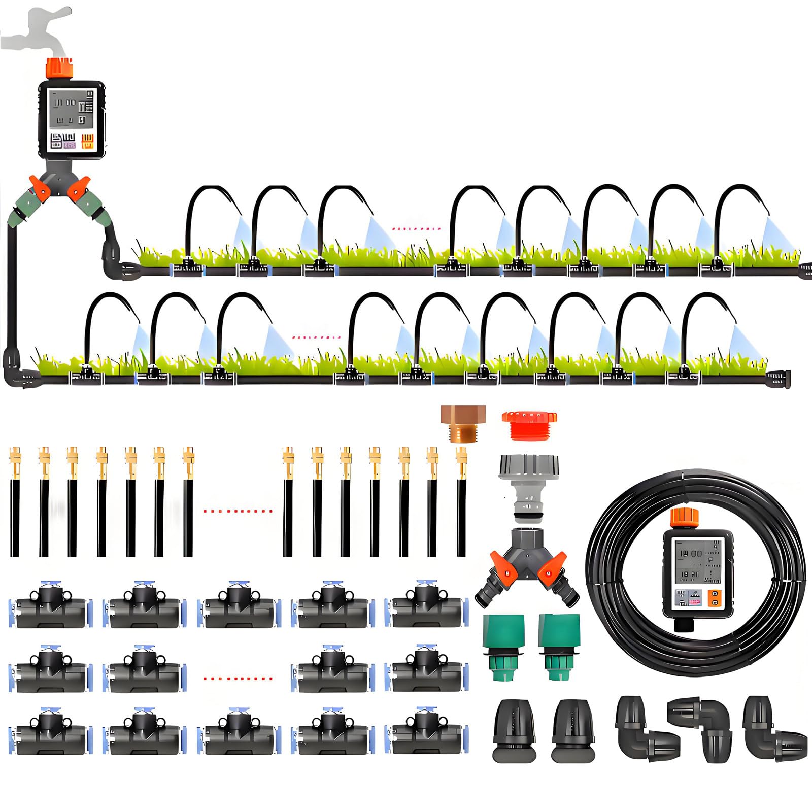 Kit de Micro-Irrigation Goutte-à-Goutte Pour Serre,Système D'arrosage Automatique Par Brumisation Pour Terrasse,Avec Adaptateur de Robinet Double 1/2" Et 3/4" et Buse en Laiton Réglable,50m/164ft