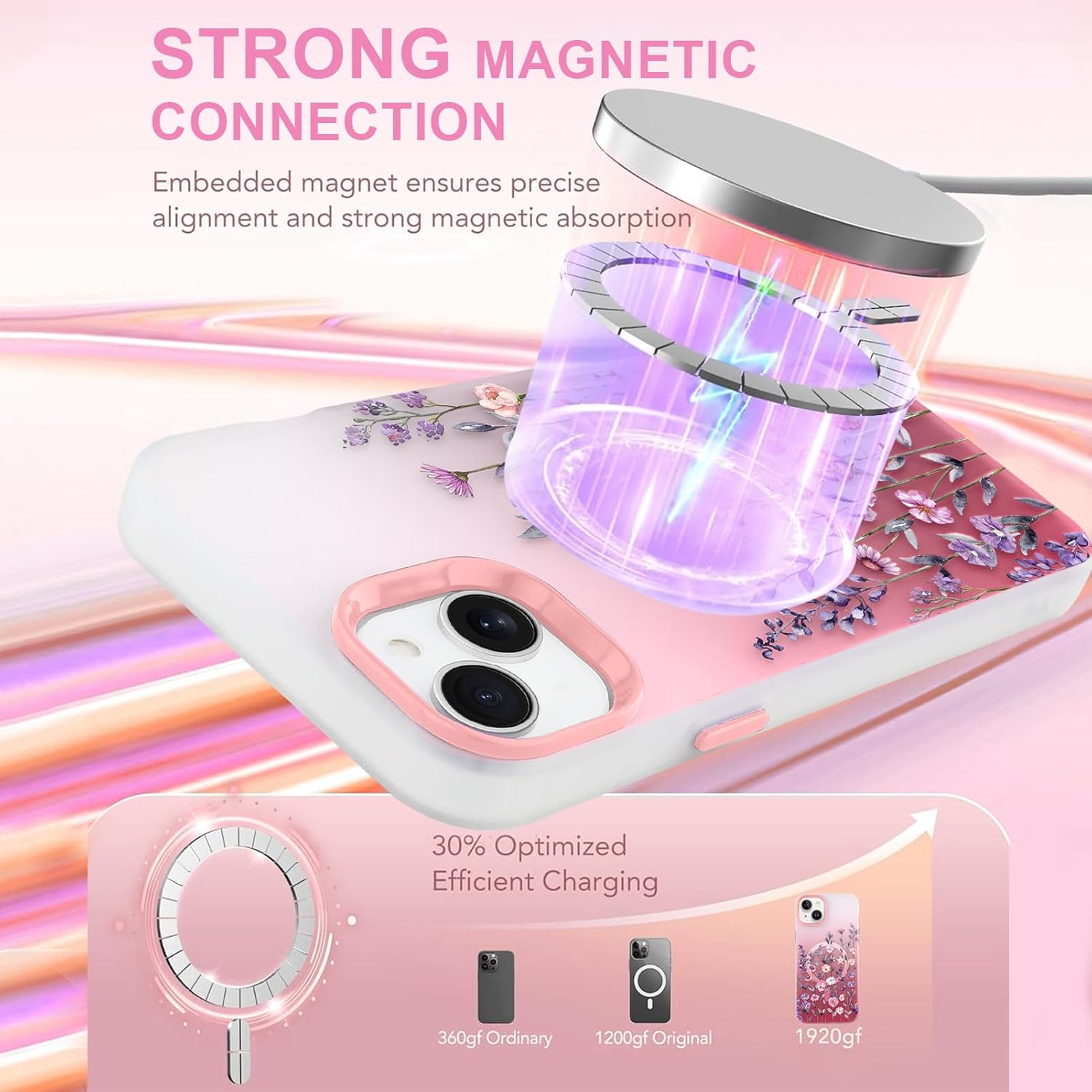 Magnetic for iPhone 14 Case [Compatible with MagSafe] Pretty Gradient Flower Floral Pattern Design, Slim Shockproof Jelly Cover for Women Girls, Pink