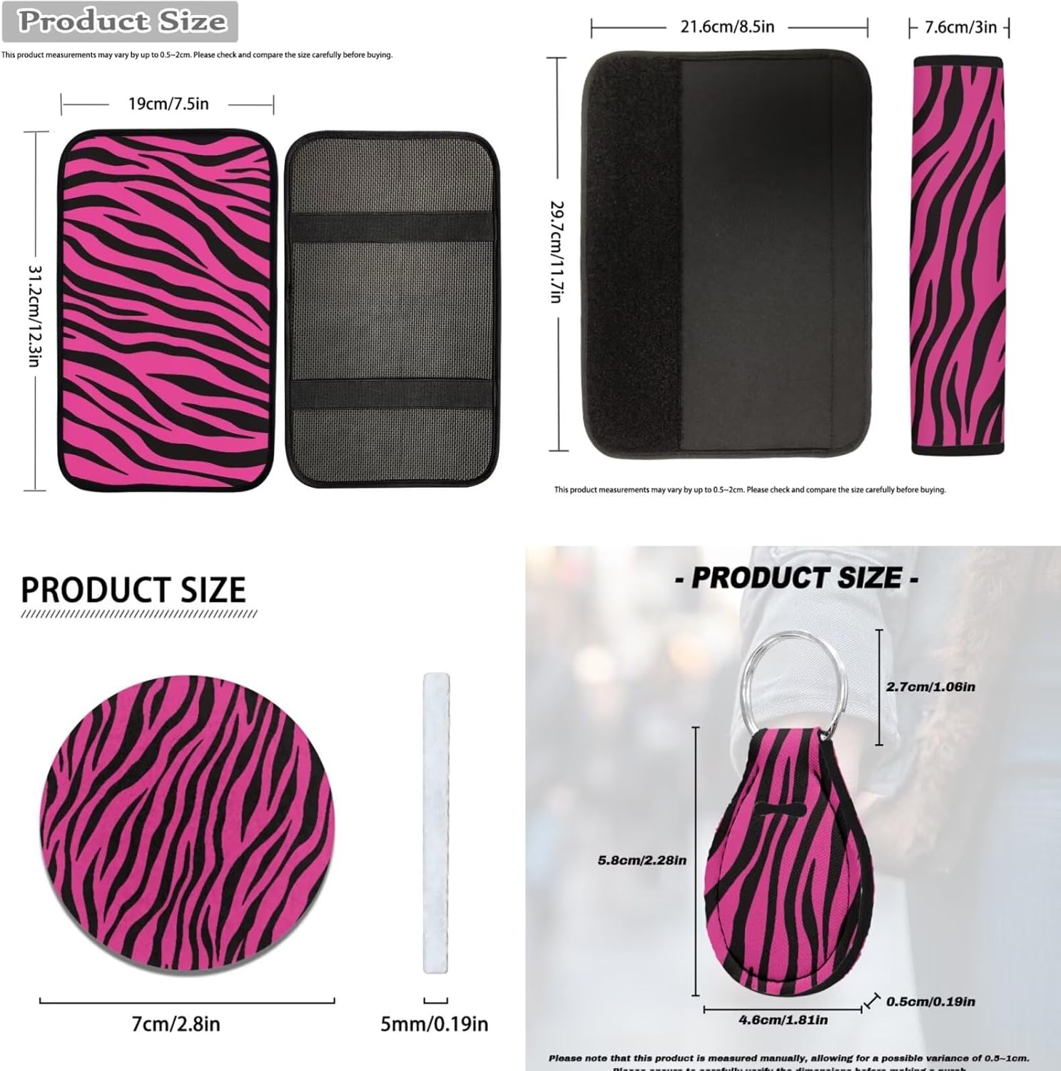 ELEQIN Pink Zebra Stripe 14 Pcs Interior Sets Front Rear Seat Covers for Cars Steering Wheel Seatbelt Cushion Arm Rest Pad Headrest Coasters Key Chain Automotive Seat Cover Accessories Full Set