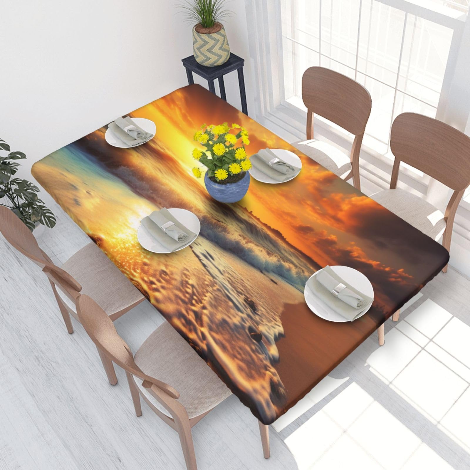 DCARSETCV Sunset beach Printed 4FT Waterproof Tablecloth with Elastic Edged Protect & Decor Your Table, Oil-proof Washable Table Cloth Cover for Dinner Picnic Party
