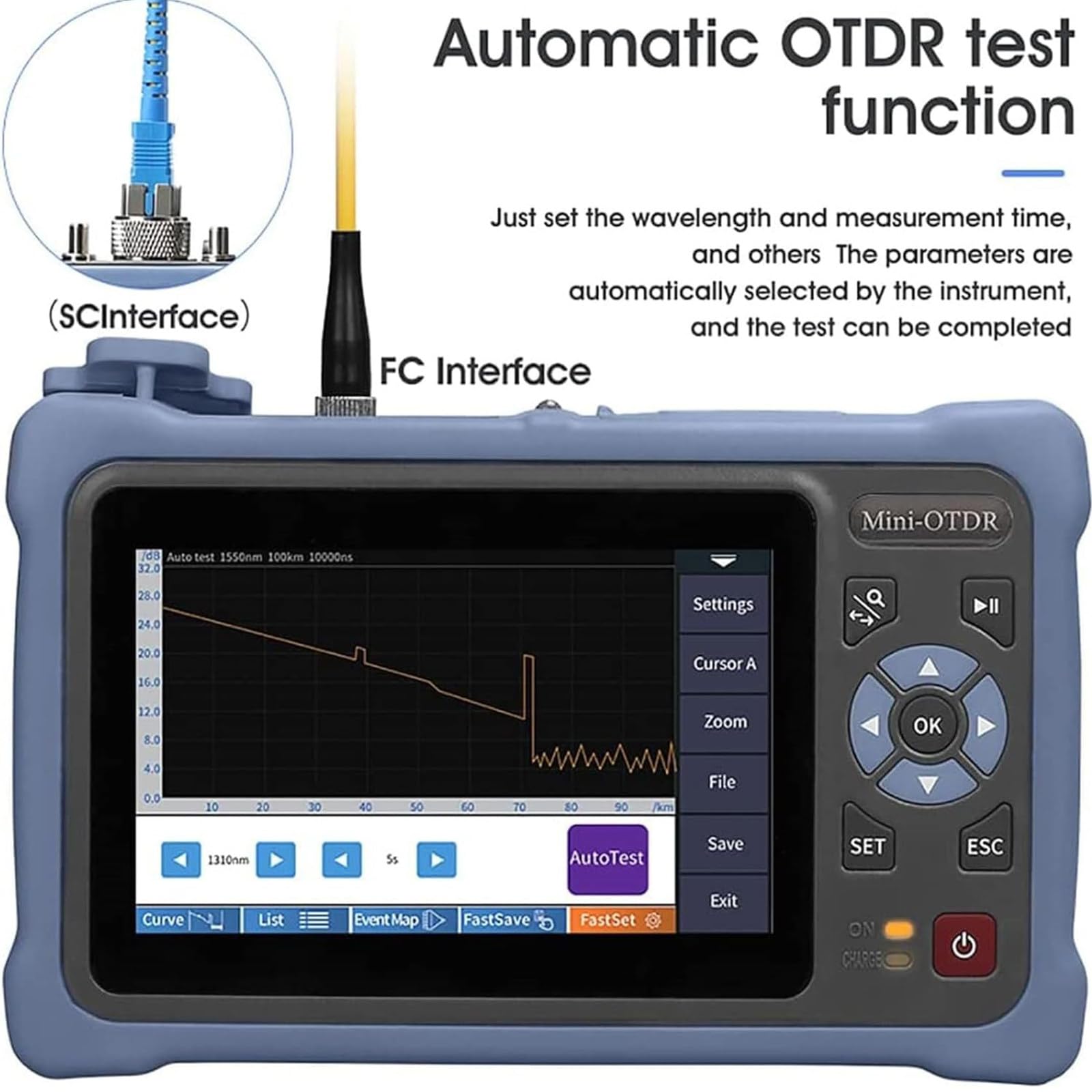 Probador de Cable de Fibra óptica Mini Otdr 1310/1550nm 26/24db Reflectómetro de Fibra óptica, Kit de sonda de inspección de Fibra óptica, Pantalla táctil VFL Ols Opm Evento