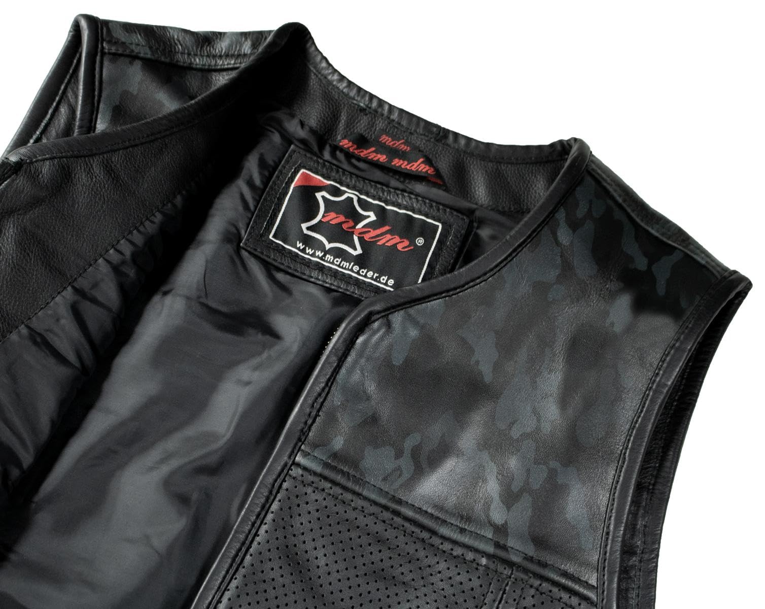 MDM Herren Lederweste Kutte mit Perforiertem Leder und Camo/schwarz Muster
