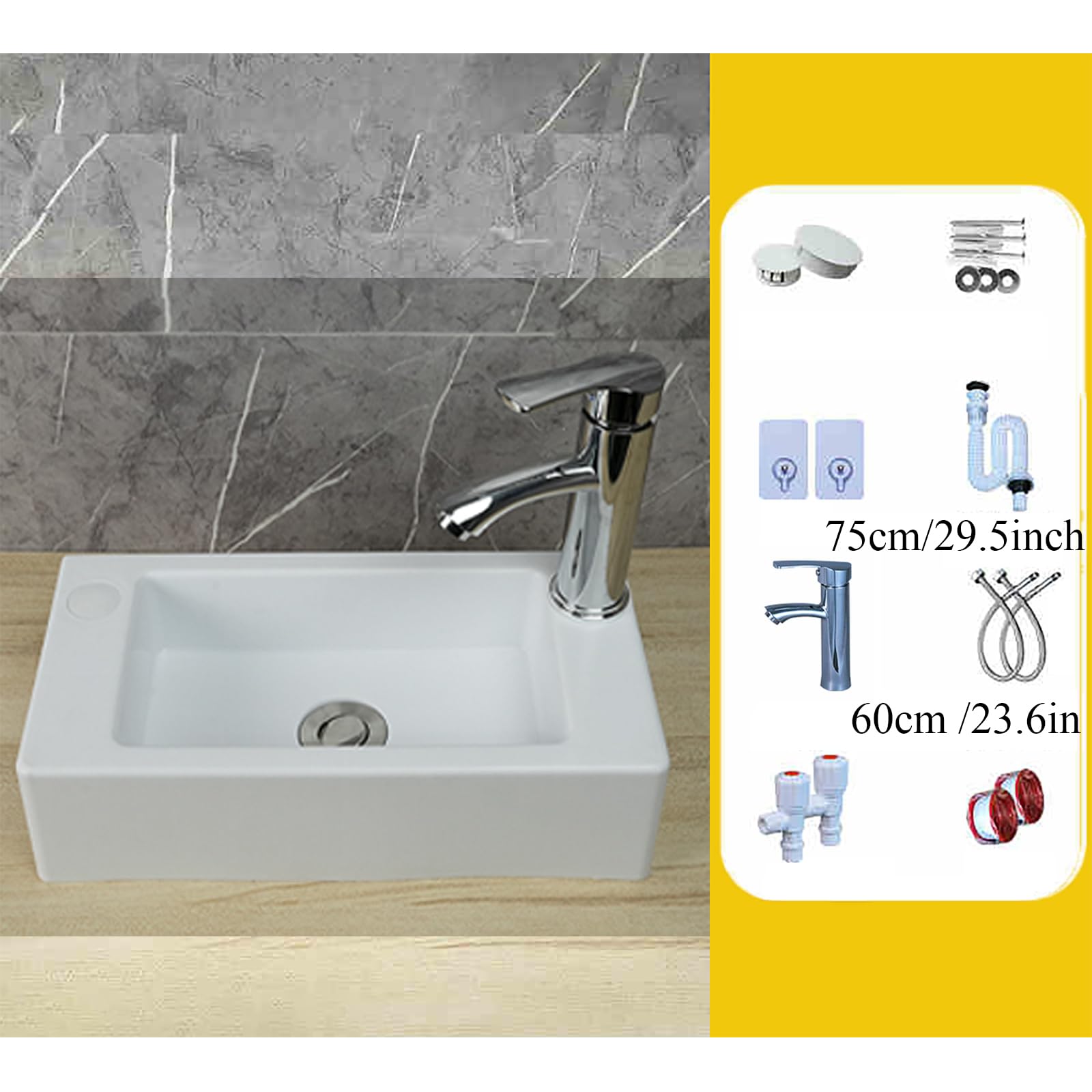 Lave Main Blanc, 16x8x4inch Lave Mains Rectangulaire Plastic avec Kit de Drainage, Lave Main Comptoir | Montage Mural Pour Salle De Bain WC Vestiaires ou Buanderies D Robinet Chaud et Froid