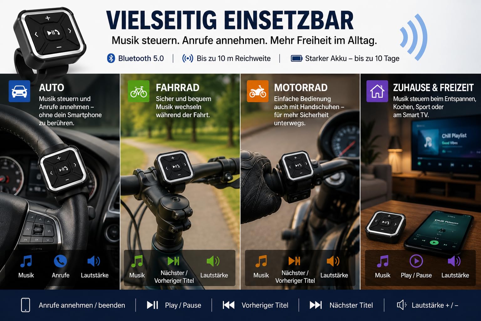 D62CS Télécommande Bluetooth 5.0 pour voiture - Bouton multimédia au volant avec support, contrôle de la musique et téléphonie, compatible avec iOS et Android