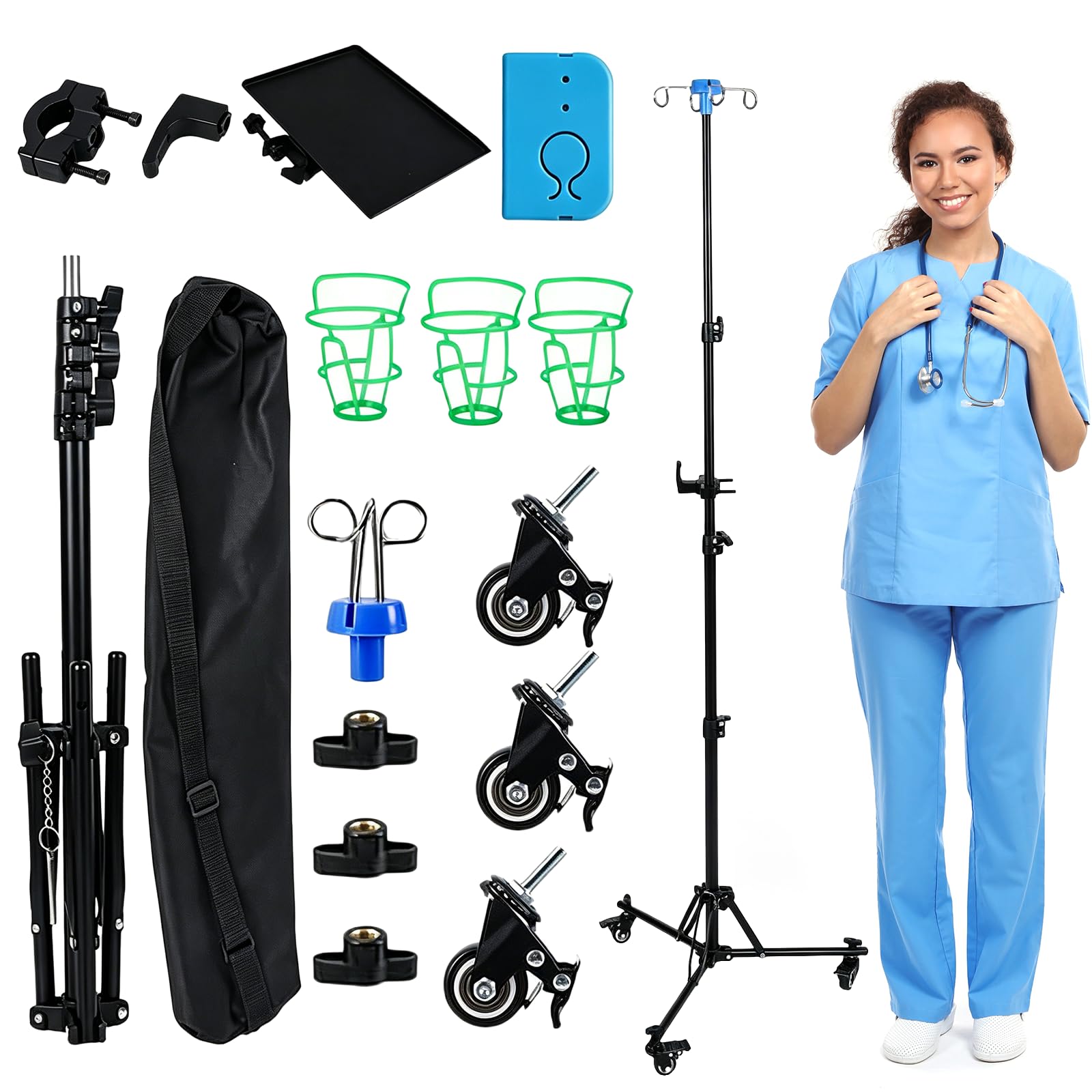 Verstellbarer Infusionsständer mit Rollen, Tragbarer Mobiler IV-Ständer, Höhenverstellbar 90-190cm, mit 4 Haken und 3 Netzbeuteln, Infusions-Dreibeinstativ für Krankenhau Häusliche Pflege und Klinik