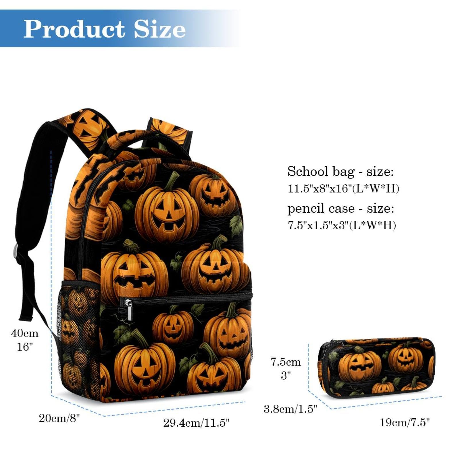 Halloween dynie bagaż i sprzęt podróżny zestaw toreb szkolnych - plecak i piórnik, idealny dla studentów, dzieci, chłopców, dziewcząt, Wielokolorowy #02, B：29.4x20x40cm P：19x7.5x3.8cm, Plecaki na co