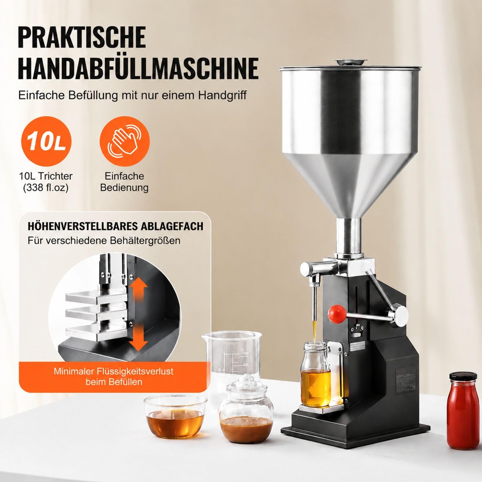 Manuelle Abfüllmaschine für Flüssigkeiten und Pasten, verstellbarer Flaschenfüller mit Trichter, Edelstahl, für Milch, Wasser, Saft, ätherisches Öl, Shampoo, Honig, Kosmetikcreme