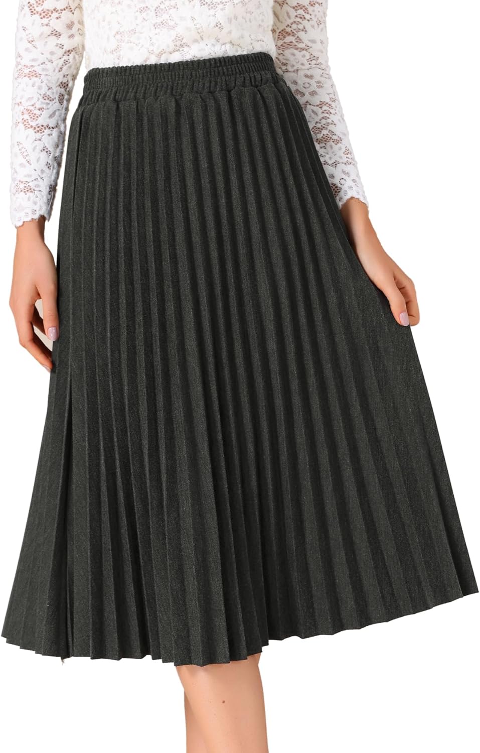 Allegra K Women's Pleated Midi Skirt Elastic High Waist A-Line Swing Casual Flowy Long Skirts