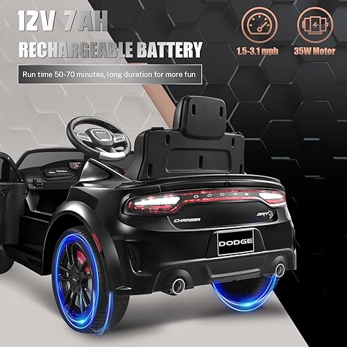 Miniatura 9 de ENYOPRO Auto eléctrico de 12 V y 7 Ah para niños, Dodge Charger SRT Hellcat, vehículo eléctrico de juguete de 4 ruedas alimentado por batería para