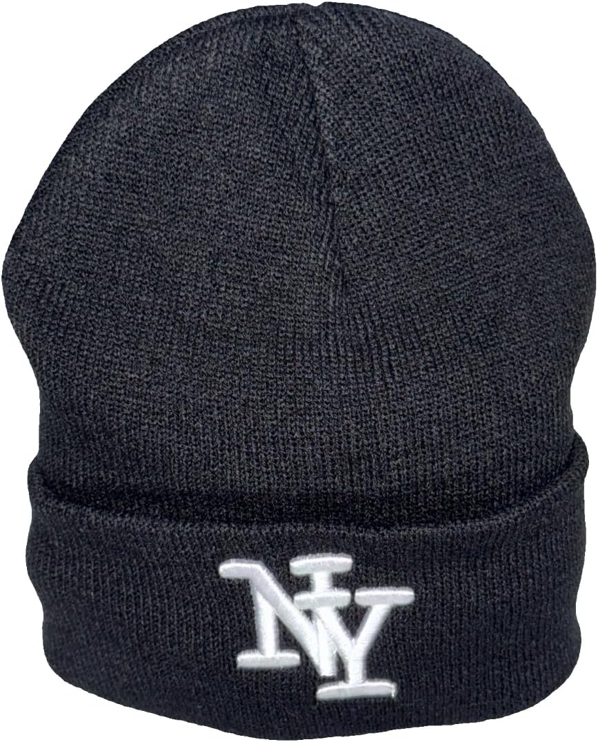 NY Winter Knit Beanie with Logo, Unisex - One Size - Black - Insulated Comfy Hats, Cuffed Design - Image 2