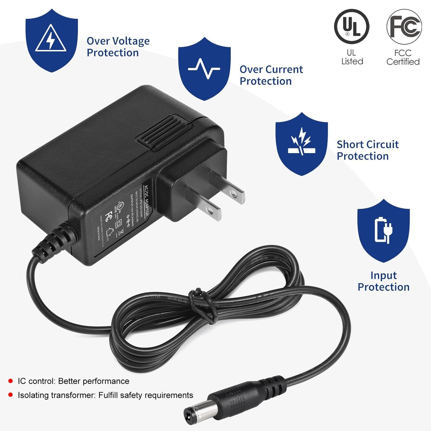 Zasilacz 12 V 2 A, lista UL, transformator adaptera 120 V AC na 12 V DC, 12 V, 2 A, 24 W, ładowarka ścienna do taśm LED, kamery bezpieczeństwa, wtyczka amerykańska 5,5 x 2,1 mm (5 sztuk)