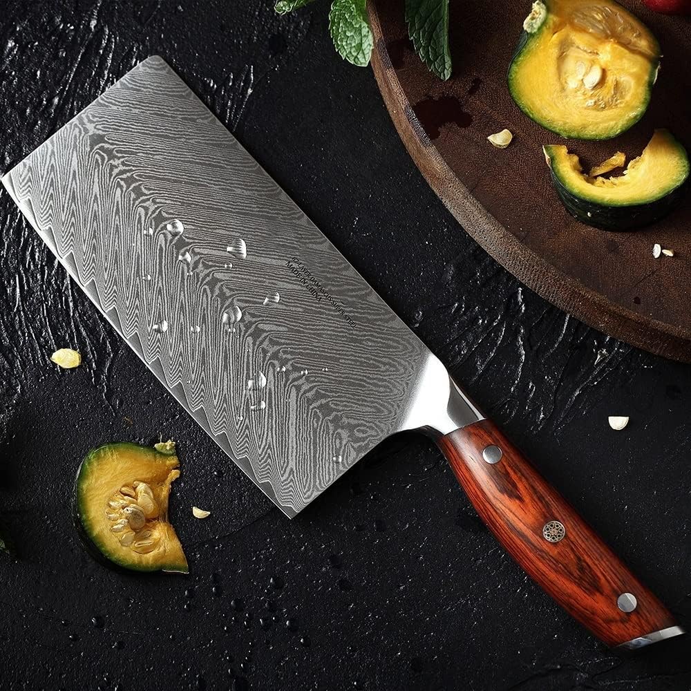 Meat Cleaver,Cleaver Knife, 7'' inches Cleaver Meat Knife Stainless Steel VG10 Damascus Cooking Tools Cleaver Knives Rose wood Handle