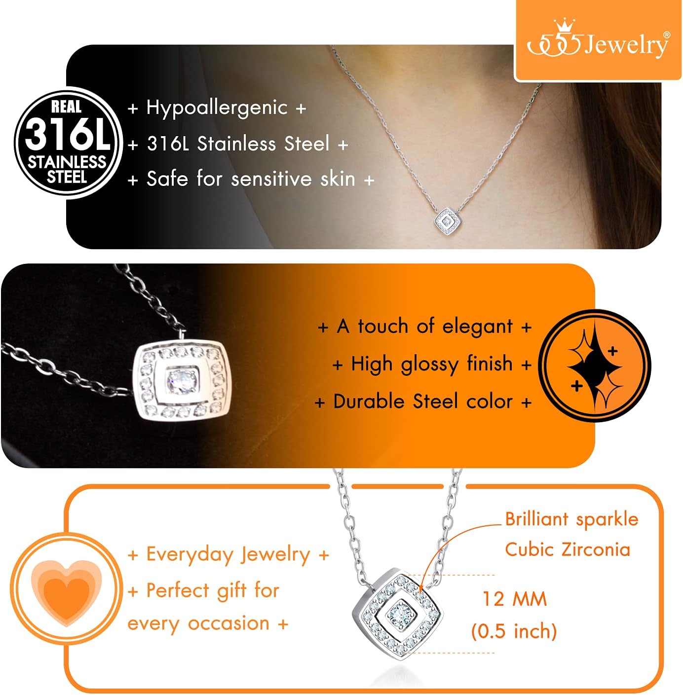 555Jewelry Stainless Steel Elegant Rounded Rhombus Button CZ Necklace for Women - Image 5