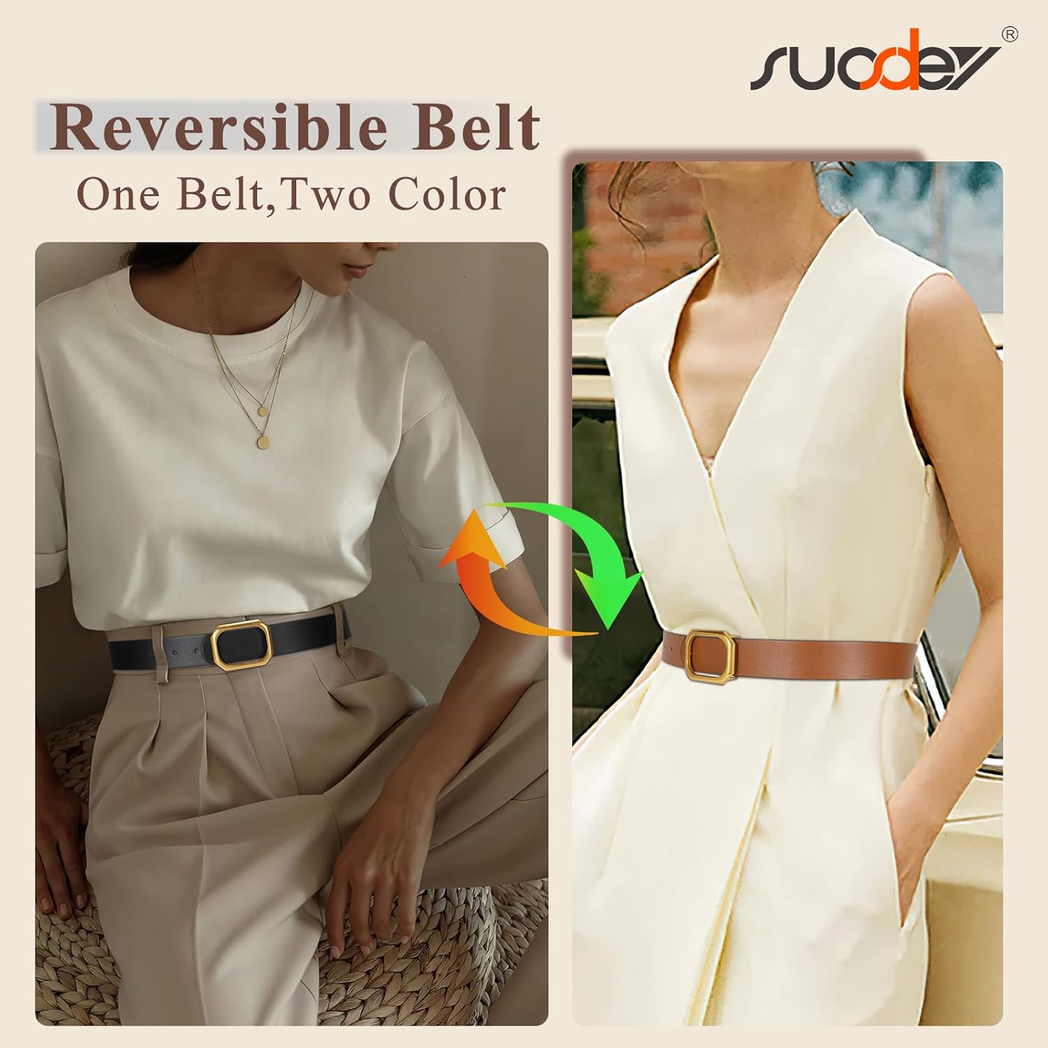 SUOSDEY Women Reversible Leather Belt for Jeans Pants Dresses Ladies Waist Belt, 1.3" Width - Image 2