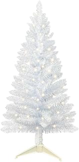 4ft Lighted Artificial White Christmas Tree, Not Pre-lit White Tinsel Pine Trees with Lights, Ideal for Ideal for Home, Office, and Xmas Party Décor - Includes Stand