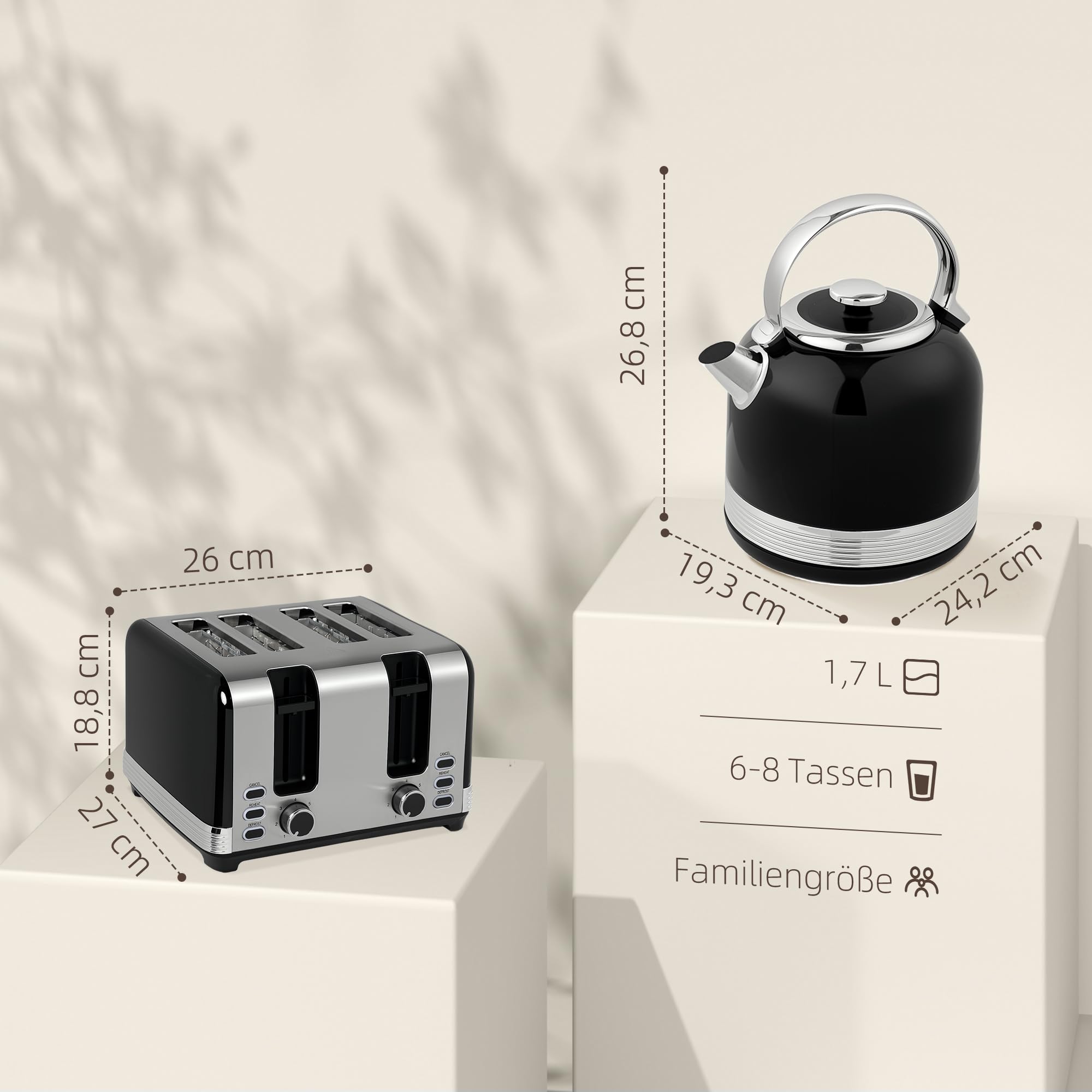 Homcom Ensemble grille-pain en acier inoxydable 2200 W 1,7 l Bouilloire, grille-pain à 4 tranches, 7 niveaux d'or, réchauffement et décongélation, ensemble de petit-déjeuner avec filtre de sortie de