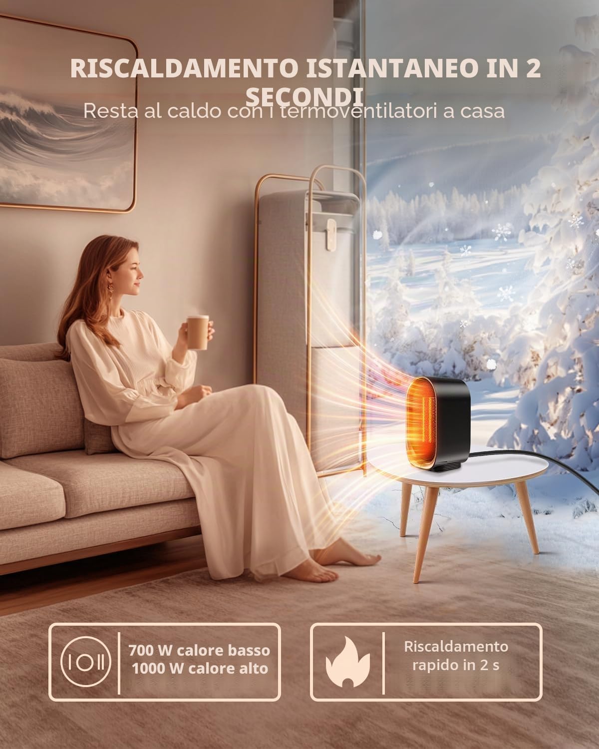 Stufa Elettrica Basso Consumo,1000W Stufetta Elettrica da Bagno Portatile con 2 Livelli, Protezione Surriscaldamento e Ribaltamento, per Bagno, Casa, Ufficio, Camera, Nero