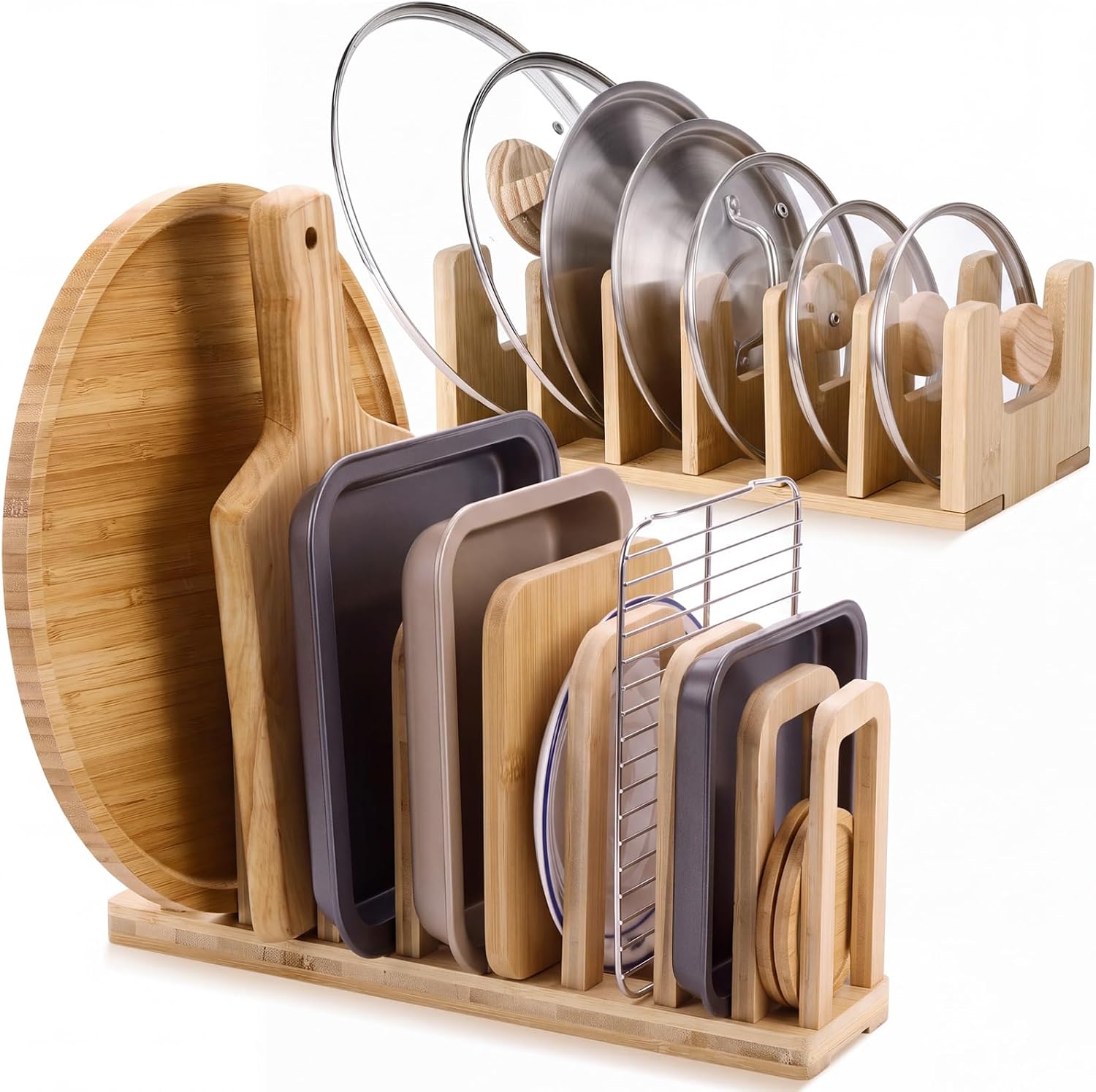2 Pack Bamboo Cabinet Organizer, Board Rack & Pot Lid Holder