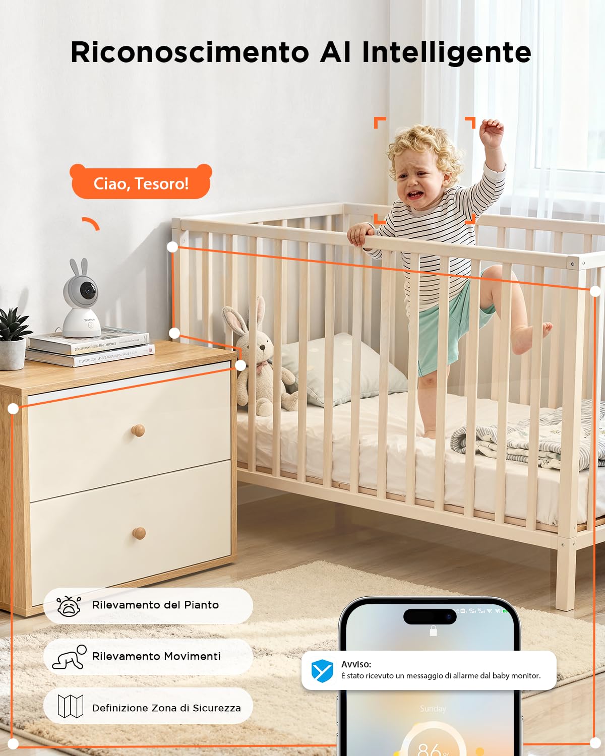 YESIMOM Baby Monitor, Versione Aggiornata 2K Telecamera Bambini con Monitor 5'' IPS Schermo, Controllo Tramite APP Mobile & Monitor, 360°PTZ, 3000mAh Batteria Ricaricabile, AI Intelligente