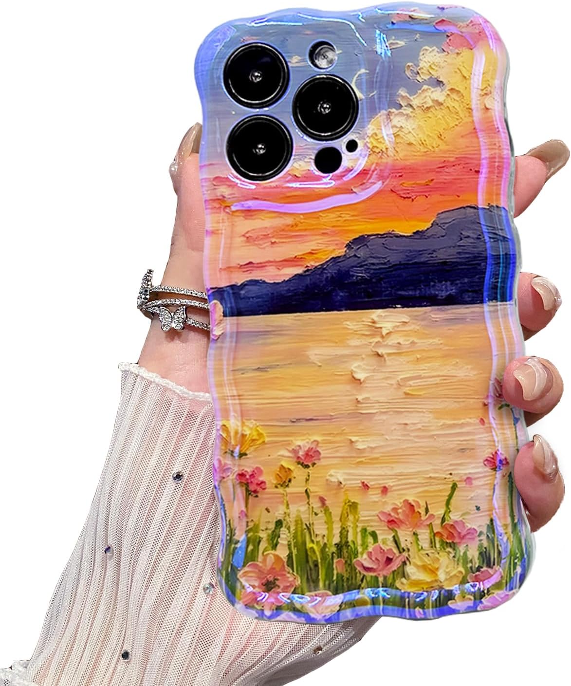 iPhone 16 Pro Max Case, Retro Oil Painting Flower Wave Frame Phone Cover