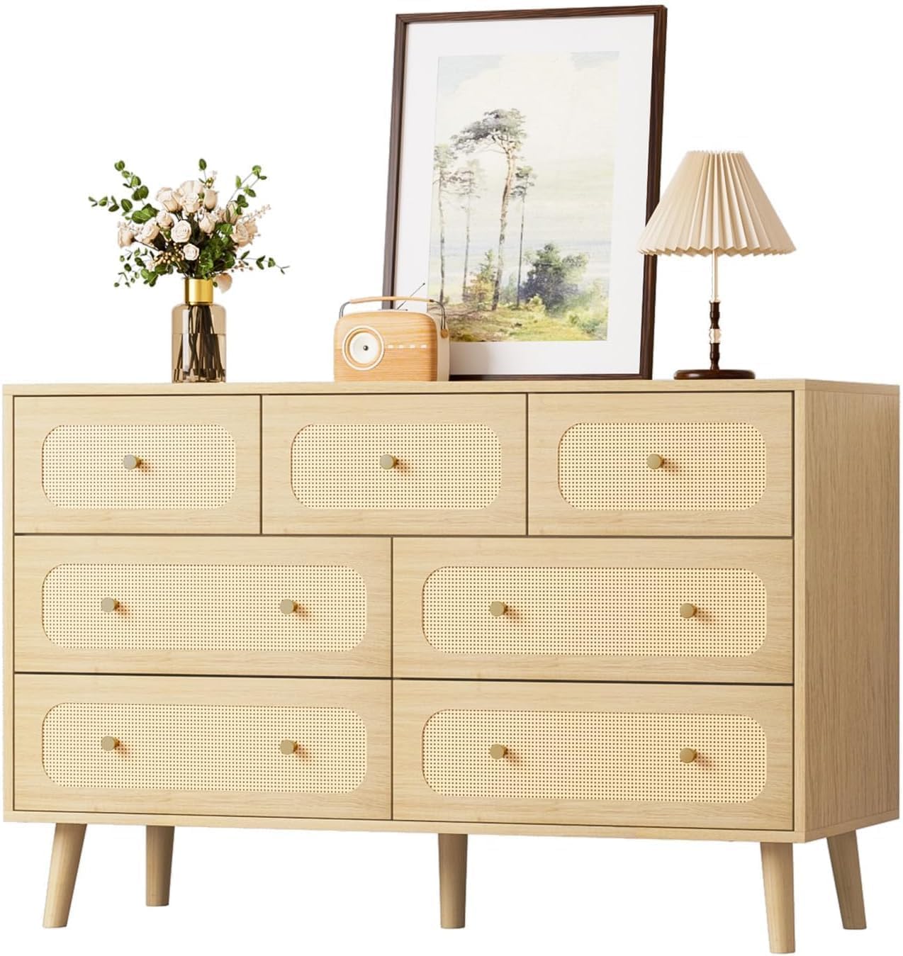 Wananlanen® Rattan Dresser for Bedroom 7 Drawer, Natural Rattan Boho Dresser for Bedroom, Storage Organizer for Closet for Bedroom & Hallway Storage