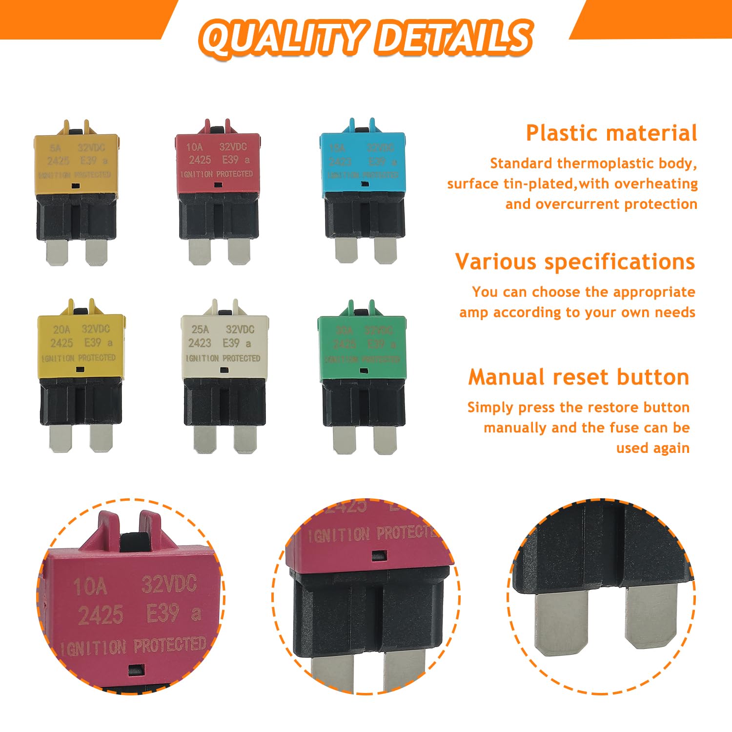 12V-32V Disjoncteur de Fusible à Réinitialisation Manuelle | E39 Disjoncteur ATC à Profil Bas, 5A 10A 15A 20A 25A 30A (mixte 6pack)