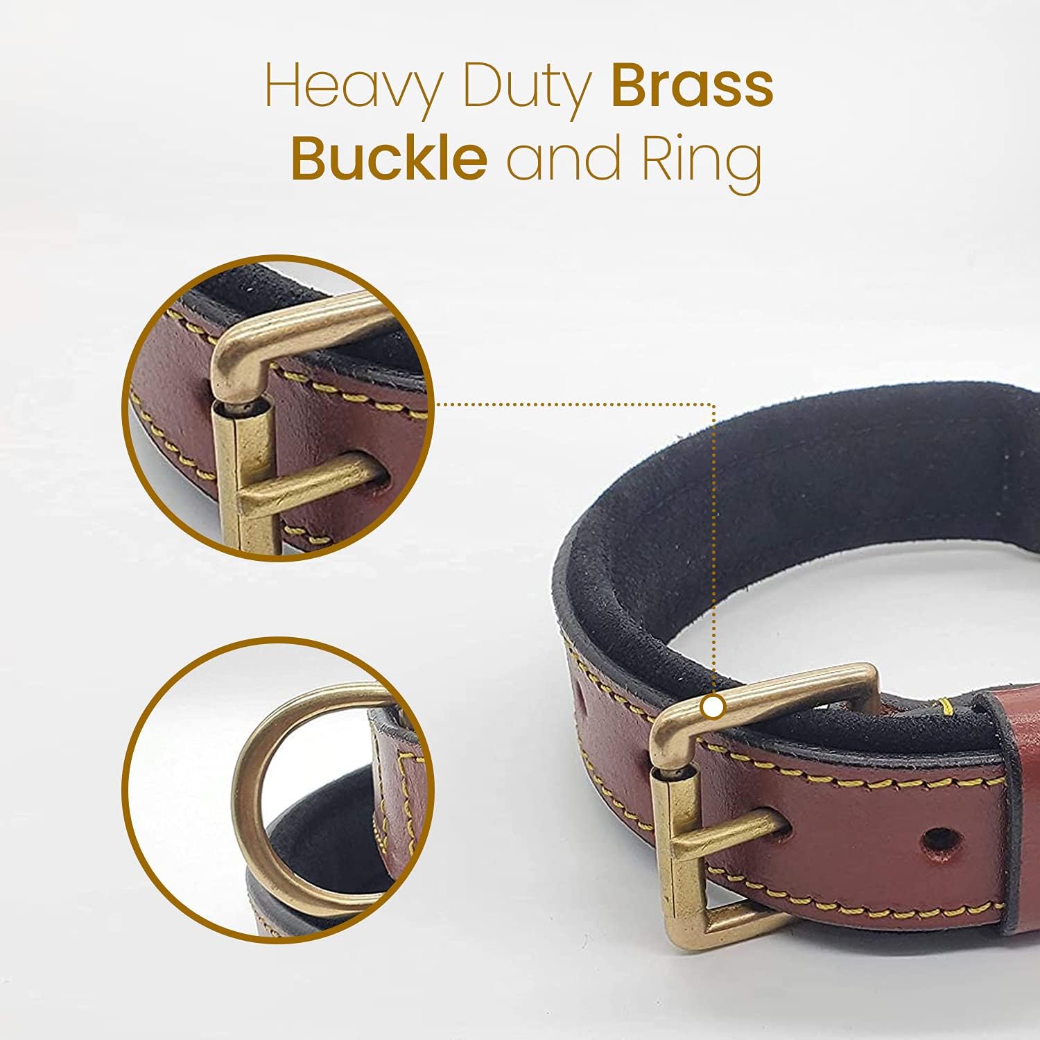 Pawficer Soft Padded Personalized Heavy Duty Thick Leather Dog Collar with Engraved Name, Brown with Black Suede Padding (L: 17-20", Brown - with Engraved Name)