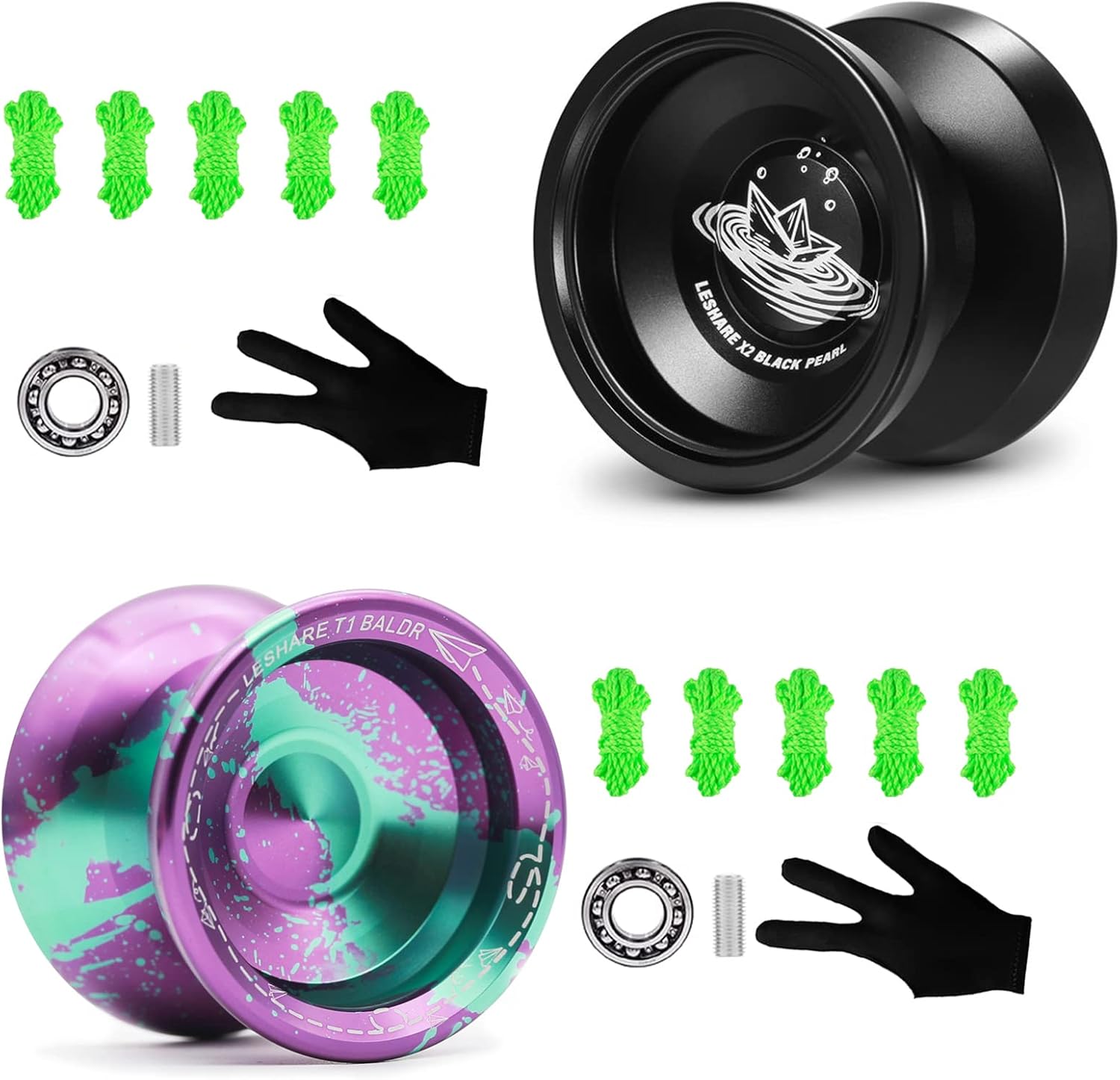 LESHARE X2 Black Aluminium Responsive Unresponsive Yoyo +JOLESHARE Professional Unresponsive Yoyo T1Purple Green Replaceable Responsive Bearings + 10 Strings and 2 Yo-Yo Gloves Gift