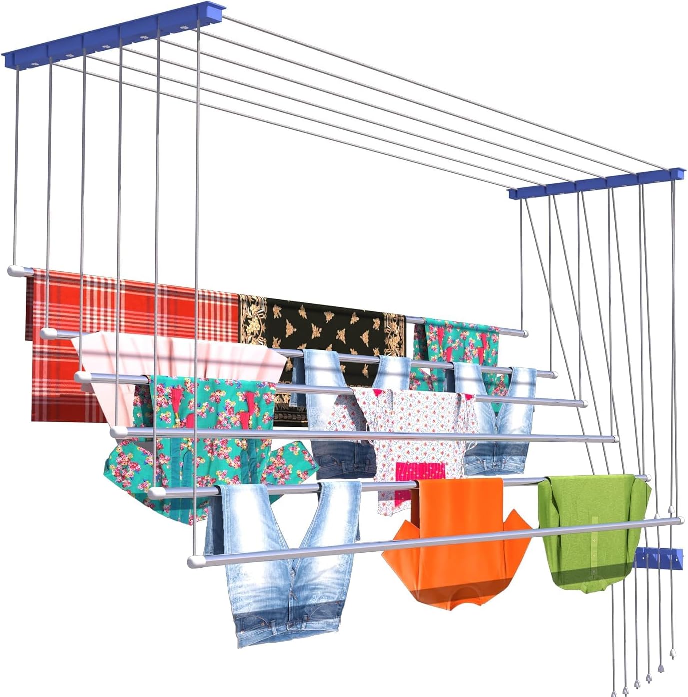 Skywave Luxury Premium Rust Proof Stainless Steel Ceiling Clothes Dryer Hanger with UV Protected Nylon Ropes Individual dropdown, Clothes Drying Rack for Balcony TOP Iron (5 FEET)