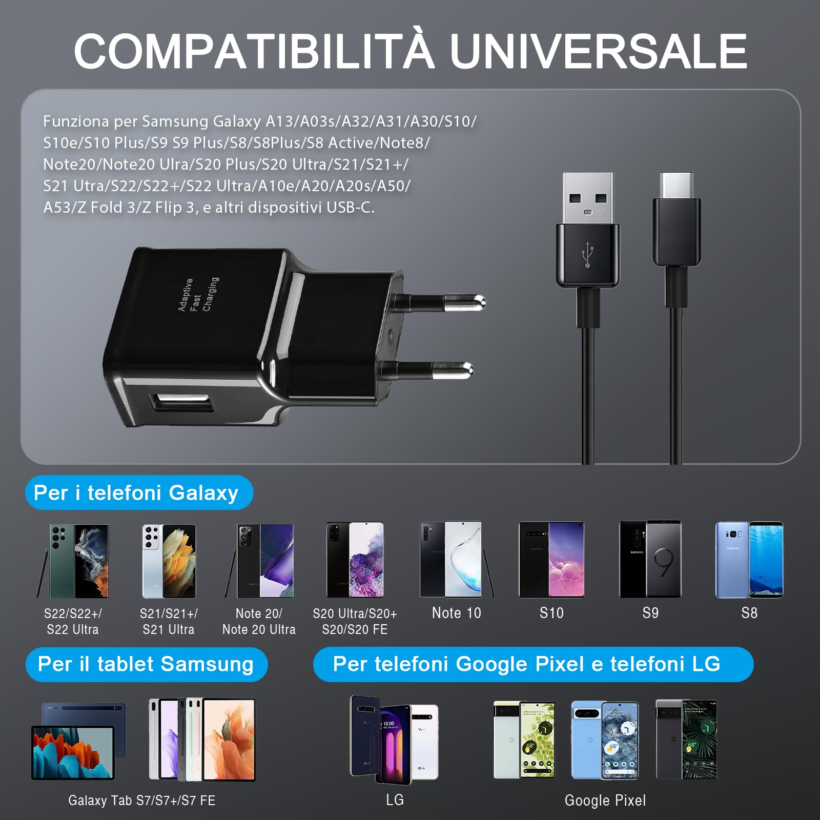 Caricatore USB C 15W Caricabatterie a Ricarica Veloce con 1.2M Cavo Tipo C Rapido Caricatore Alimentatore Spina Adattatore per Galaxy S23 S22 S21 S20 S10 S9 A53 A52 A51 A50 A34 A32 A13 M53 Note 10/9/8