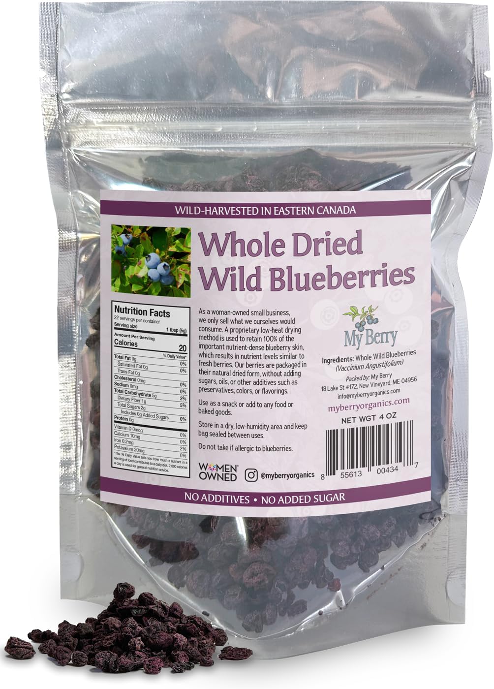 Whole Dried Wild Blueberries Unsweetened, by My Berry | 4oz | 100% Wild Blueberries- No Added Sugar, Oils, Or Preservatives | Canadian Grown | Not Cultivated | Woman-Owned Small Business
