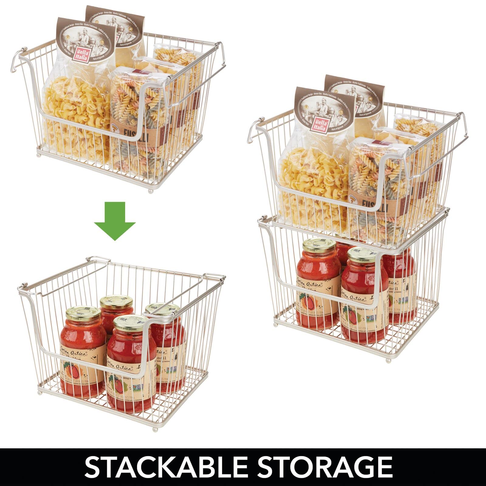 mDesign Moderno cestino portaoggetti in metallo – Grande organizer cucina con manici – Contenitore cucina capiente impilabile – Set da 6 – argento opaco