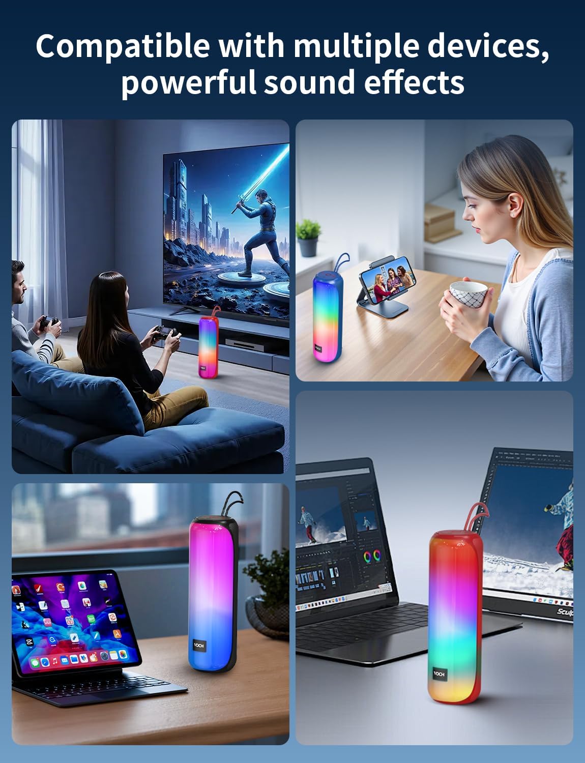VOCH Bluetooth 5.3 Speaker with RGB Light, Portable Wireless Speaker with 20H Playtime, TWS Stereo Sound, IPX7 Waterproof, USB&TF Card Support, Loud Sound for Outdoor Camping Home Travel Party Black