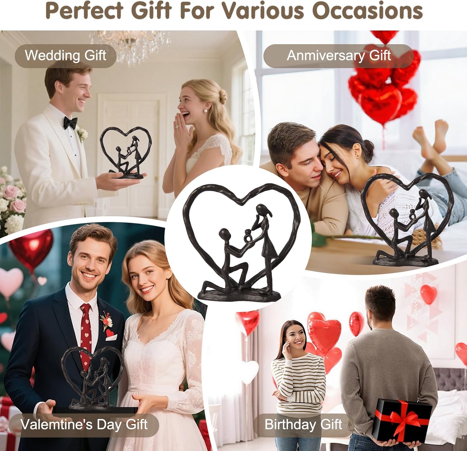 Anniversary Wedding Gift for Couple Her Wife Husband，Classic Black Metal Couple Figurine Heart Sculpture Love Statue,Romantic 1st to 60th Anniversary,Valentines Gifts，Includes Present Box & Gift Card - Image 2