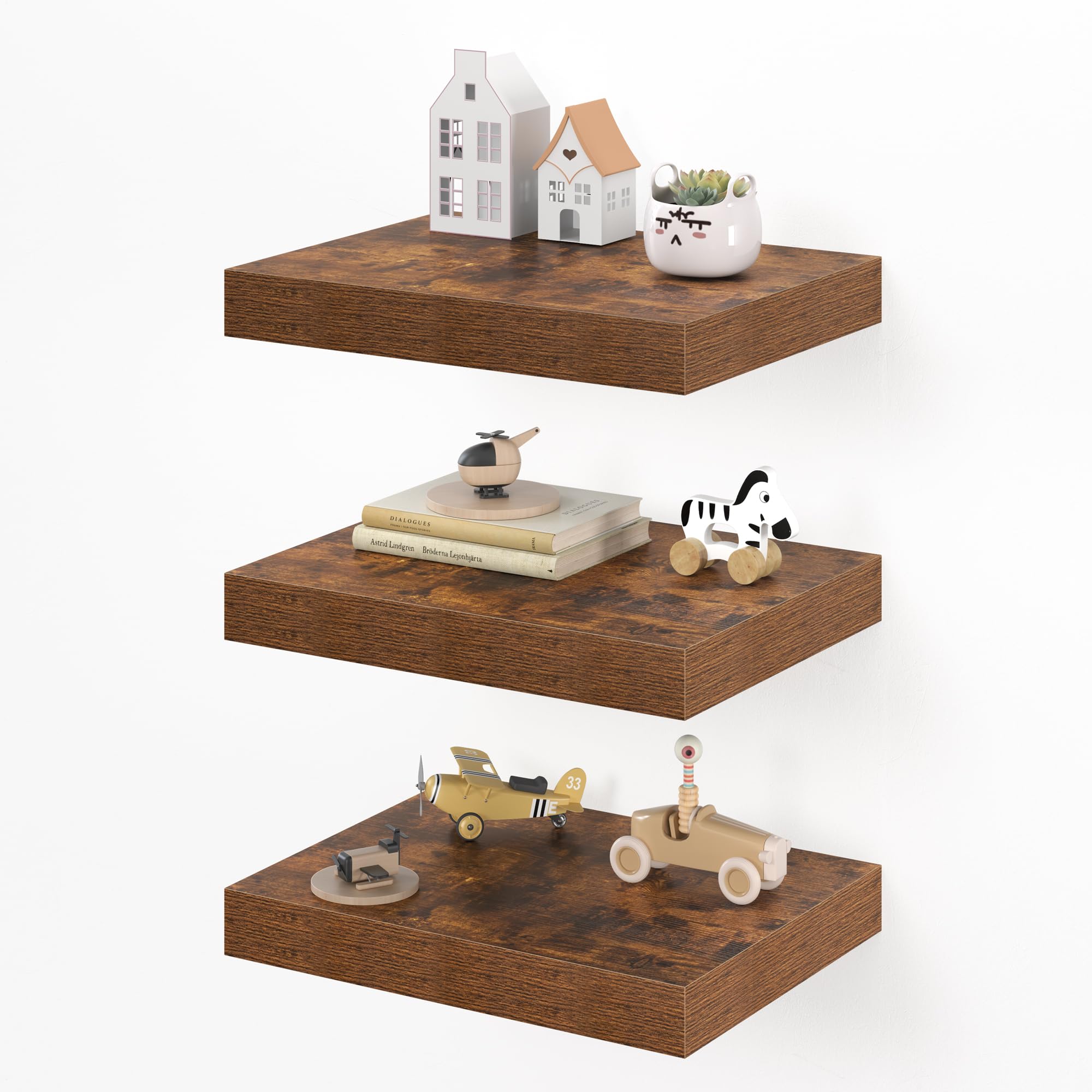 Dreamland 16" Floating Shelves for Wall, 12" Deep Thicker Floating Shelves, Wall-Mounted Shelves for Bedroom, Living Room, Kitchen, Bathroom,Rustic Brown - Set of 3