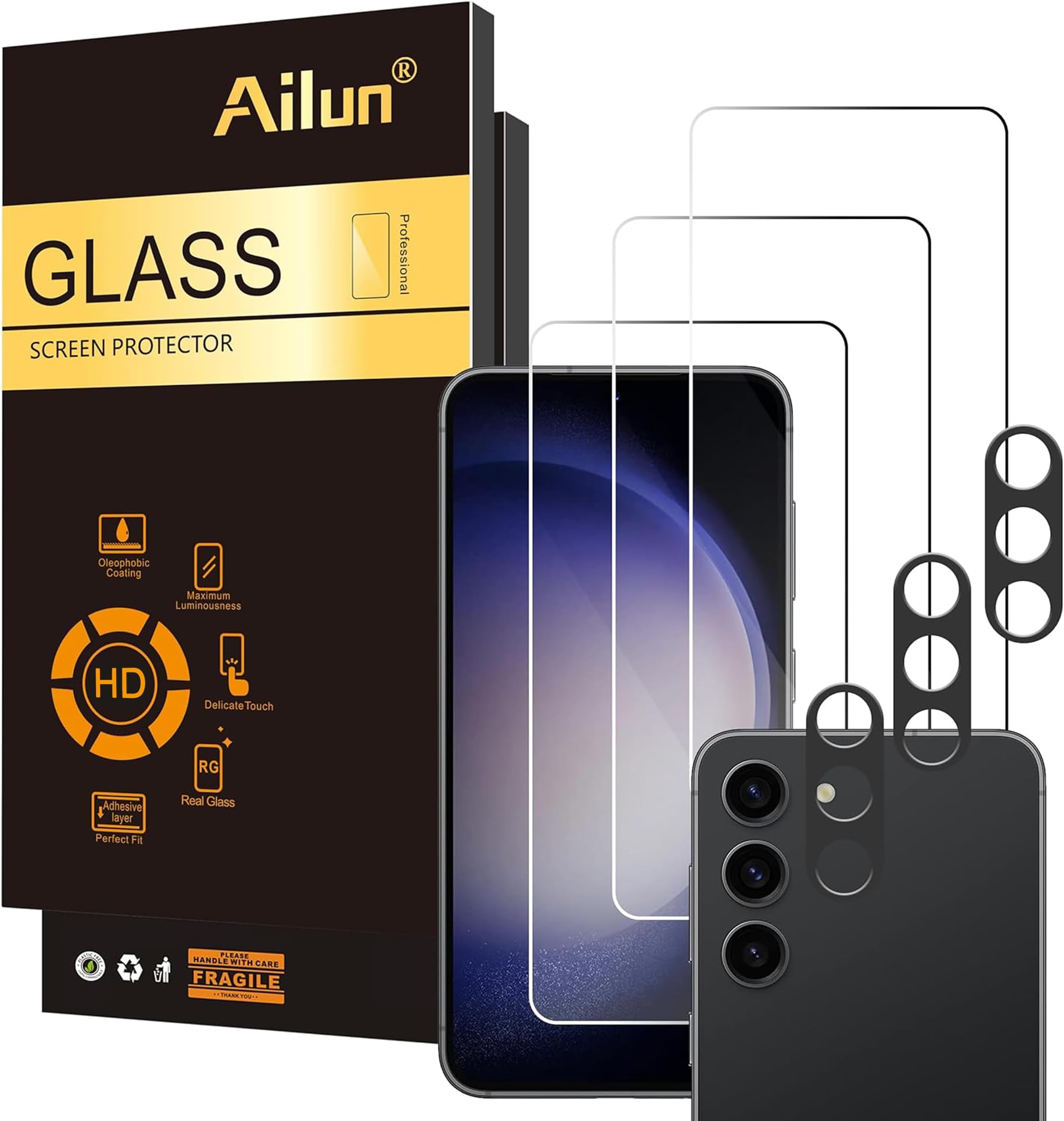 Screen Protector for Galaxy S23 FE [6.4 Inch] 3Pack + 3Pack Camera Lens Tempered Glass Fingerprint Unlock Compatible 0.25mm Ultra Clear Anti-Scratch Case Friendly [Not For Galaxy S23]